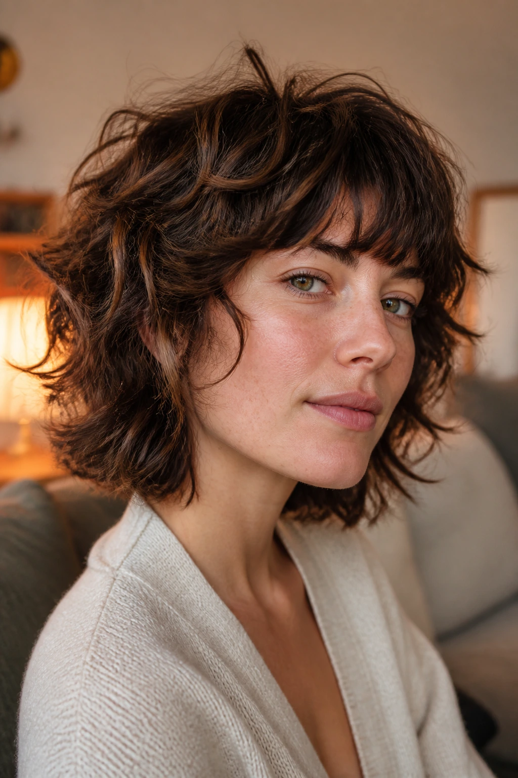 Real woman with choppy ends shag showing textured, uneven ends