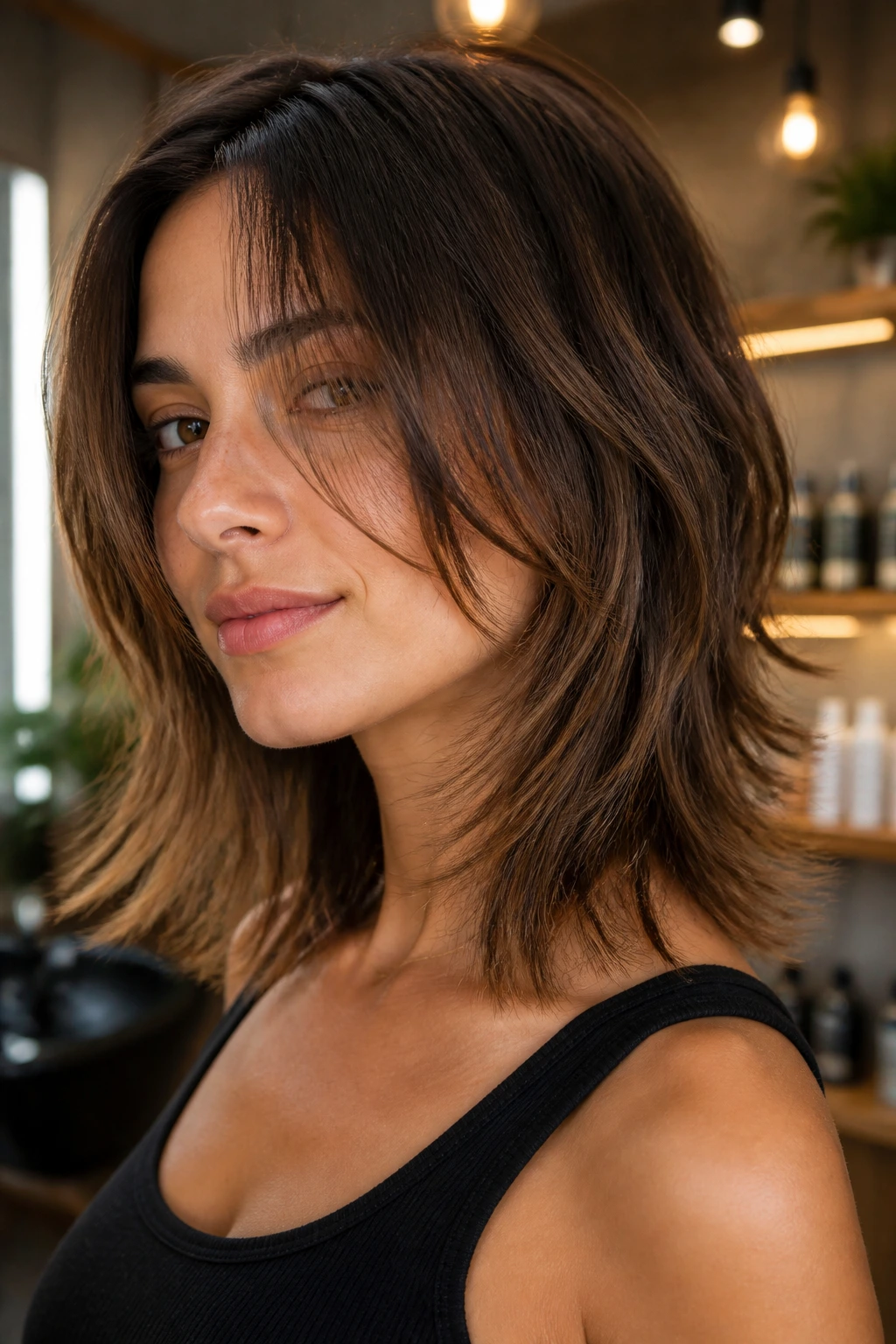 Close-up portrait of a real woman with choppy textured ends on medium-length hair in a salon setting
