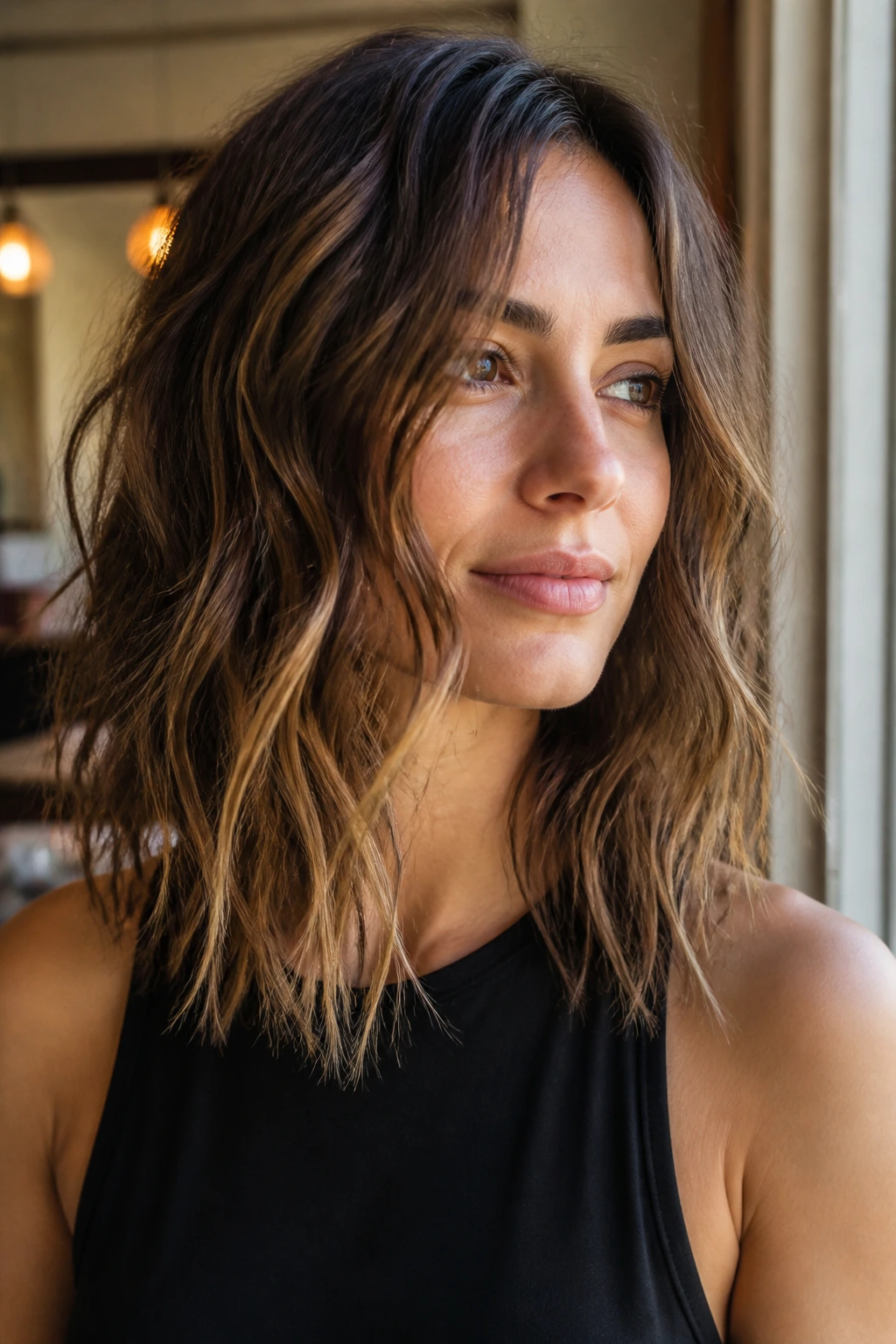 Close-up of a real woman's wavy hair with choppy ends and soft interior layers