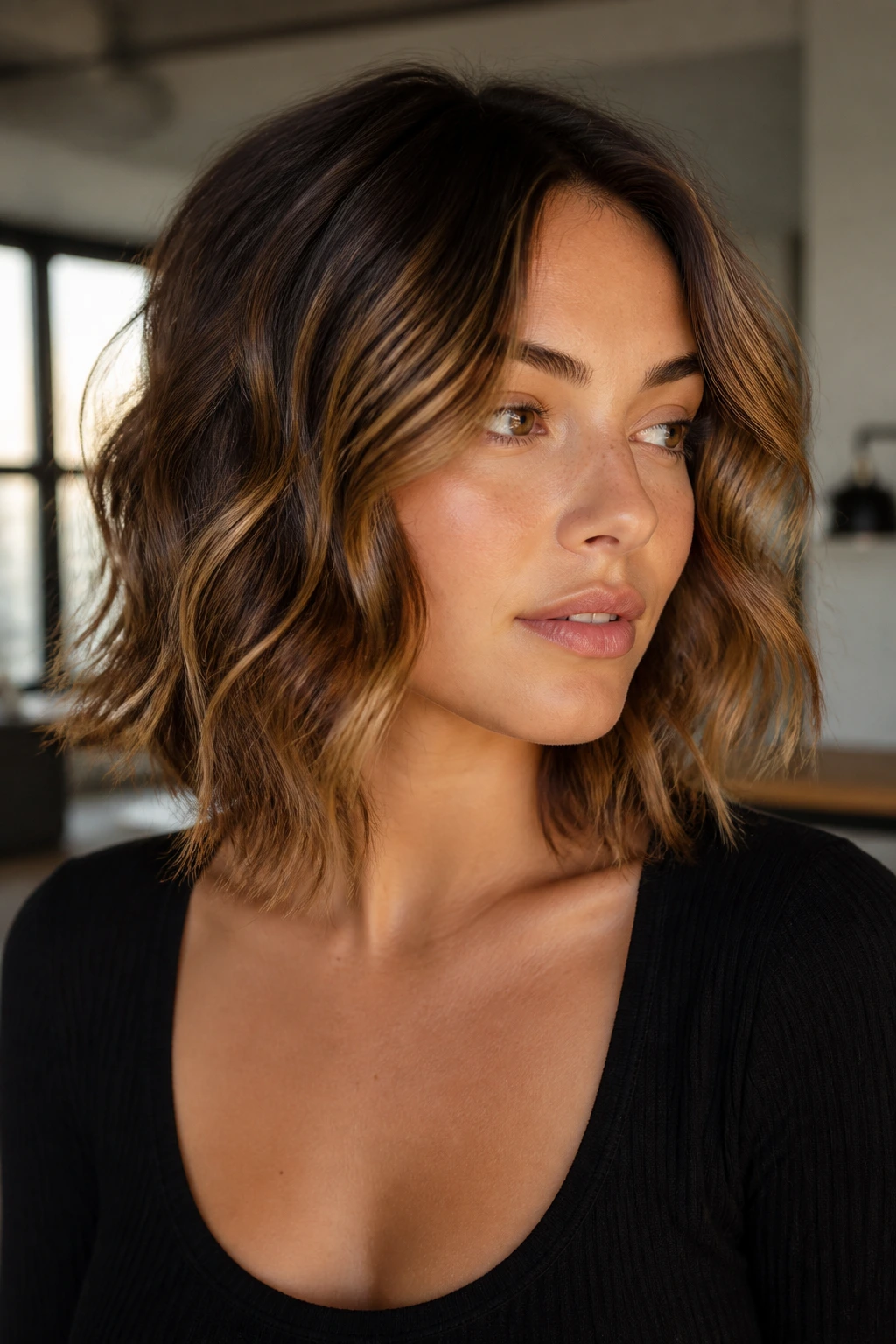 Close-up portrait of a woman with choppy, piecey end waves