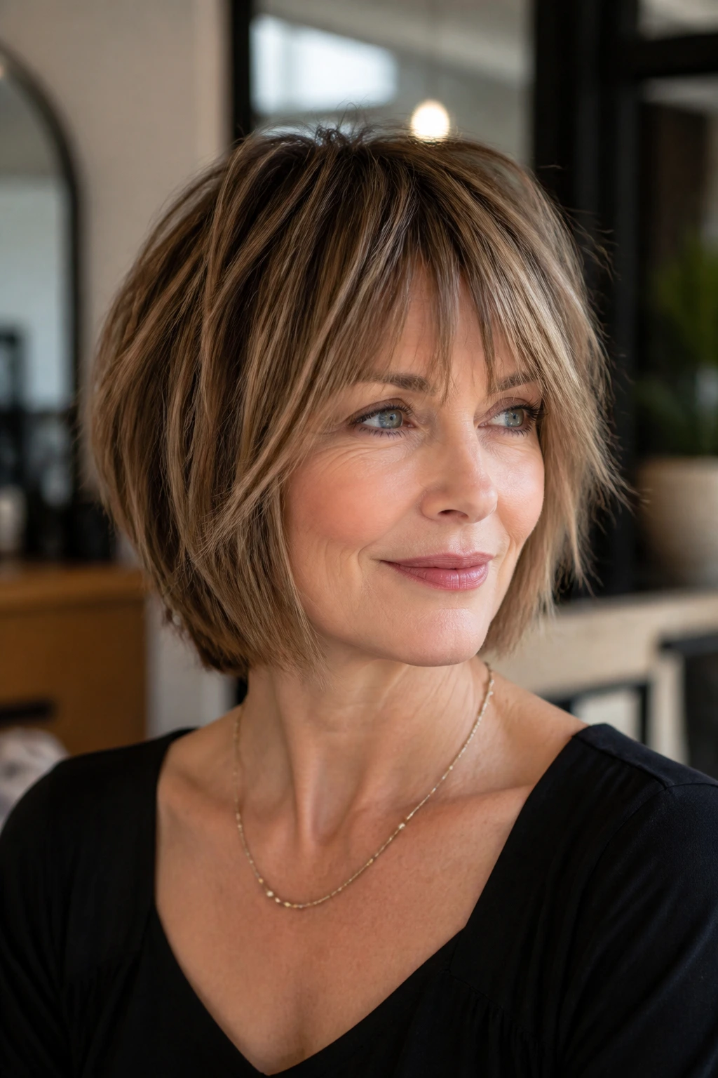 Portrait of a real woman with choppy feathered bangs on a bob