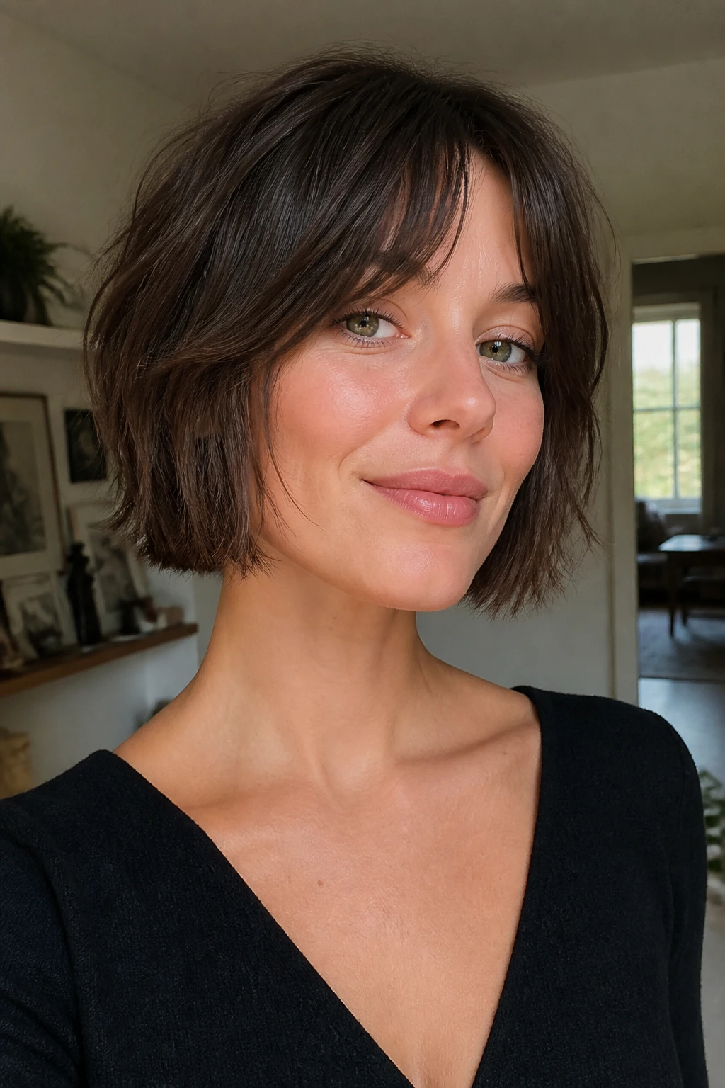 Portrait of a woman with a choppy French bob.