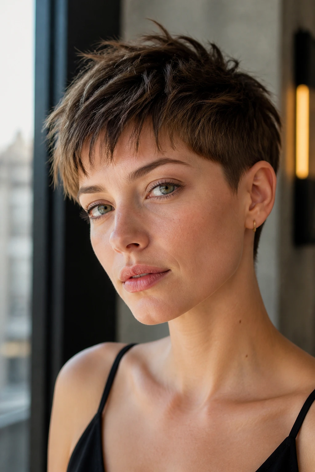 Real woman with choppy French crop in natural daylight