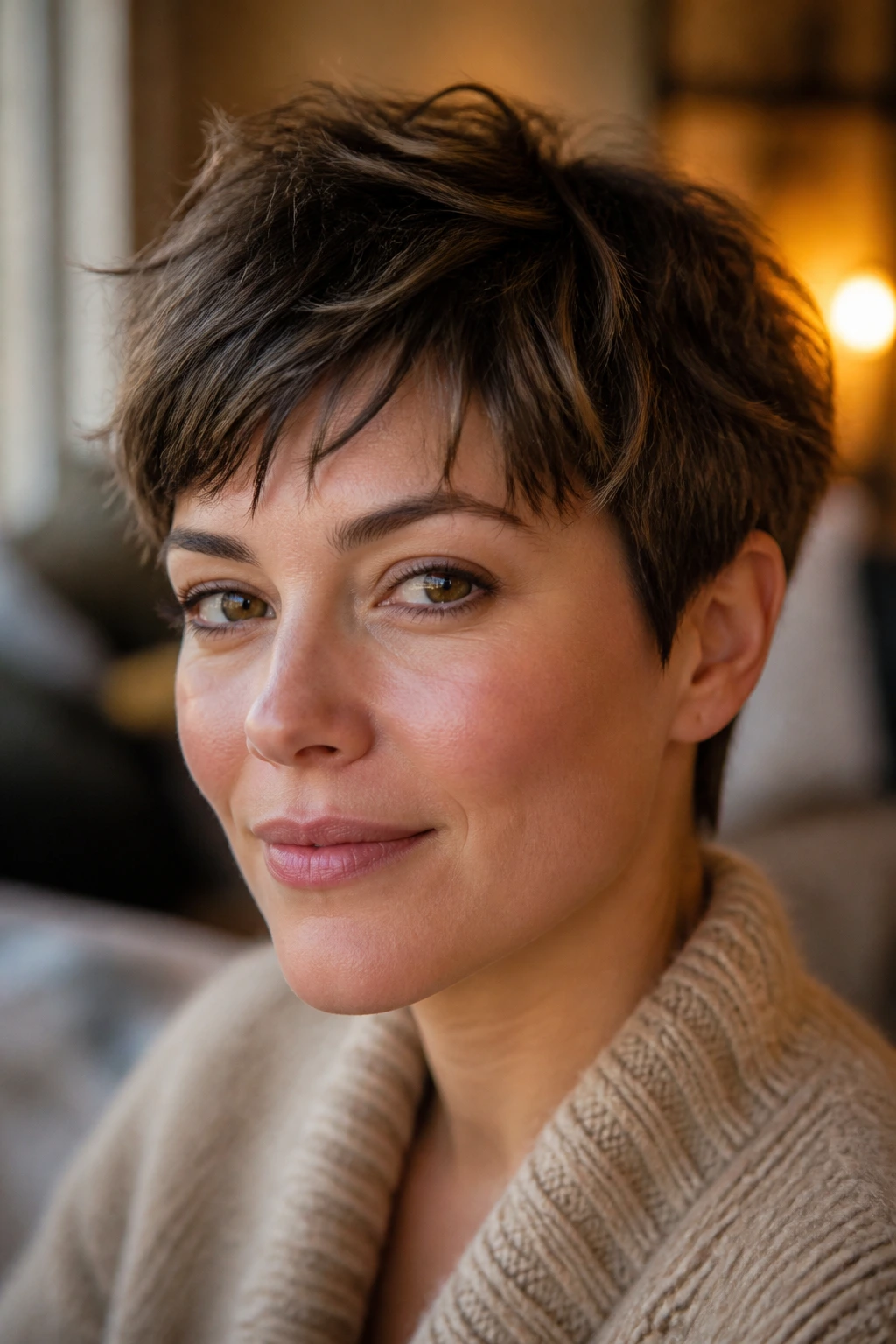 Close-up of a real woman with a choppy French pixie and short fringe