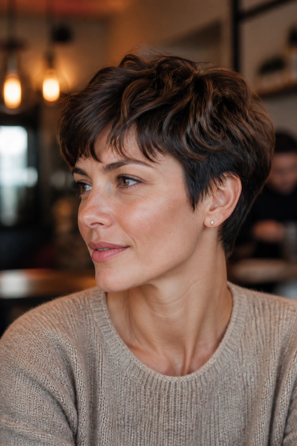 Close-up portrait of a real woman with choppy French pixie hairstyle