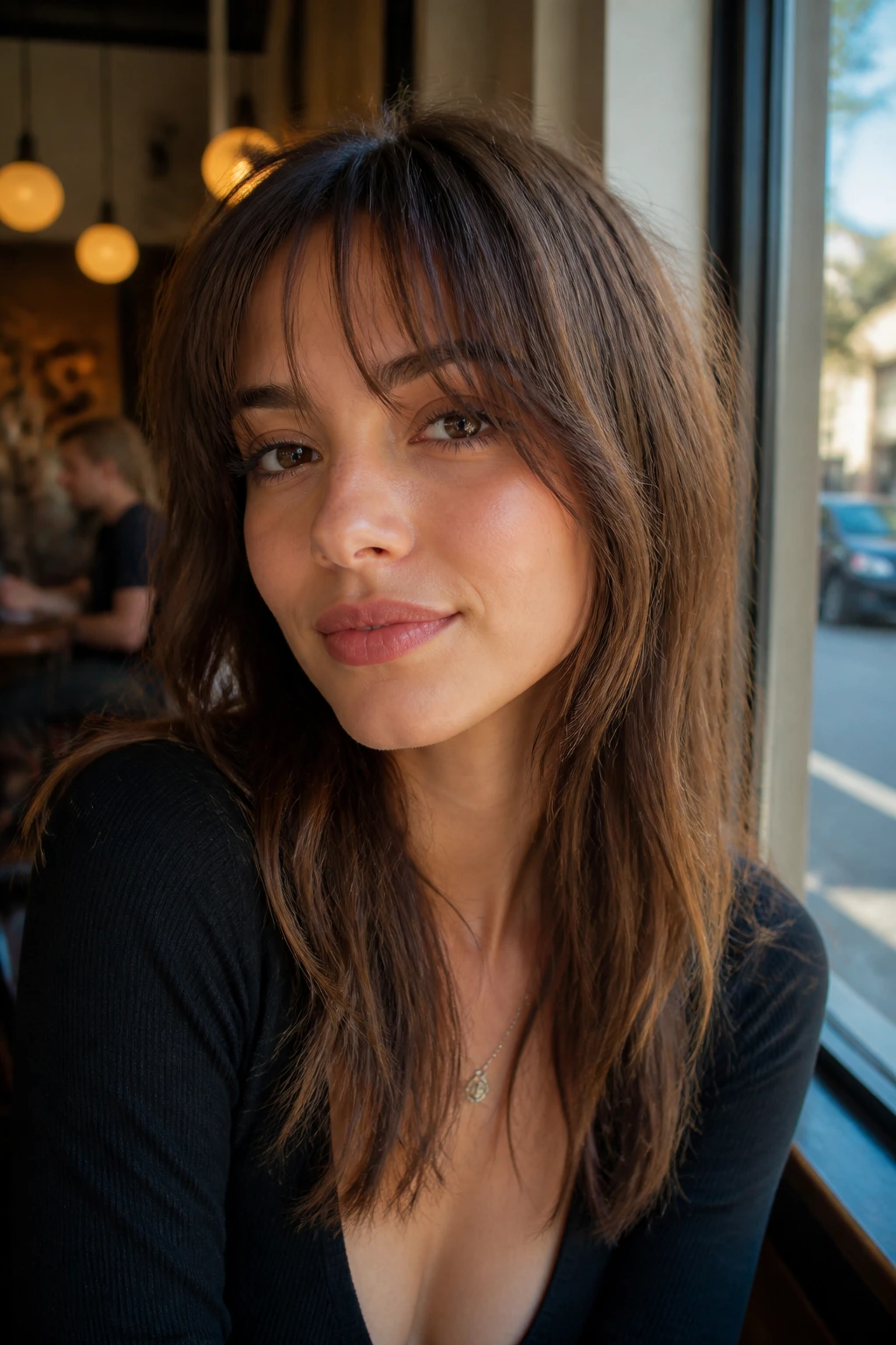 Close-up of a real woman with choppy soft fringe and broken ends