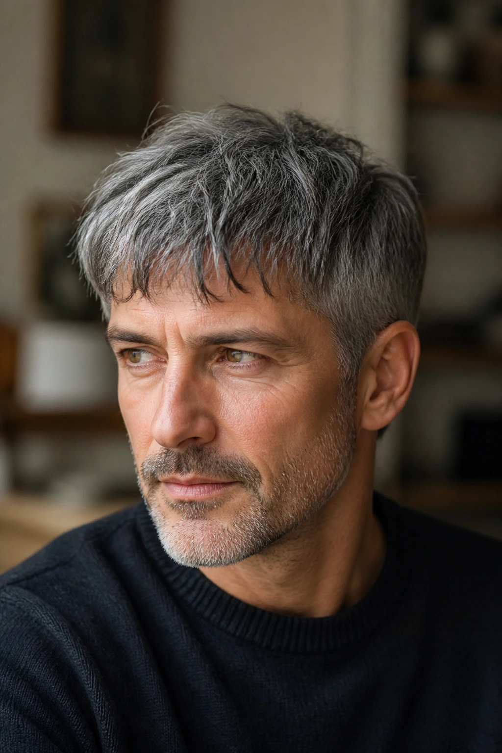 Close-up of a man with a choppy gray fringe