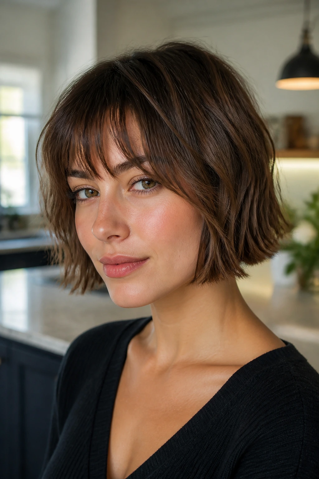 Close-up portrait of a real person with choppy fringe on a jaw-length lob, morning kitchen light.