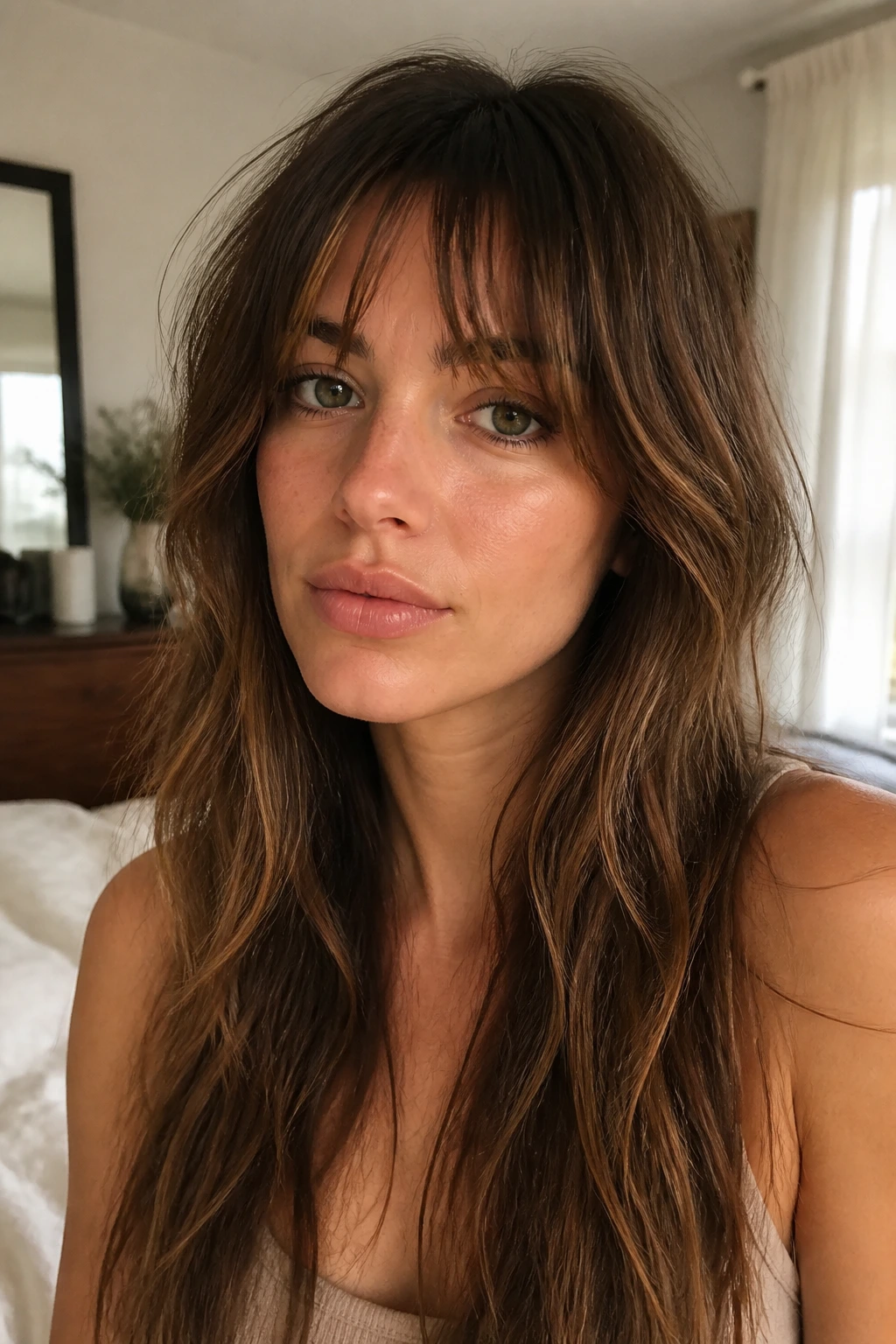 Close-up of a real woman with choppy textured fringe on long hair in warm window light