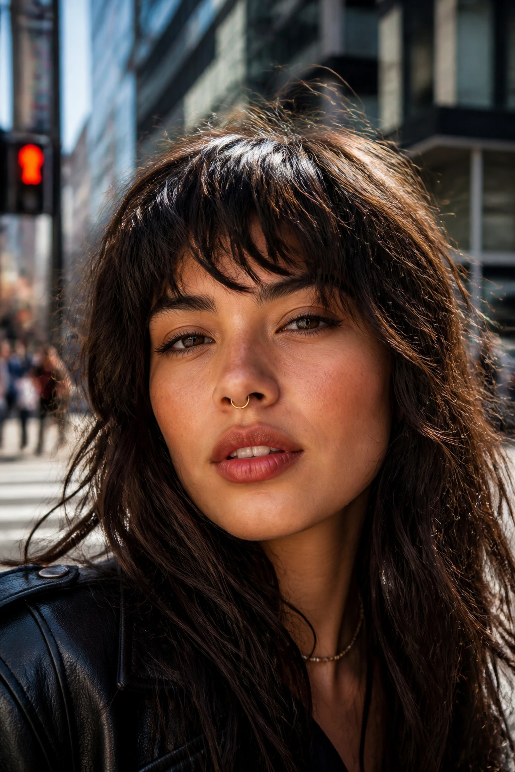 Close-up portrait of a real woman with choppy fringe and natural texture.