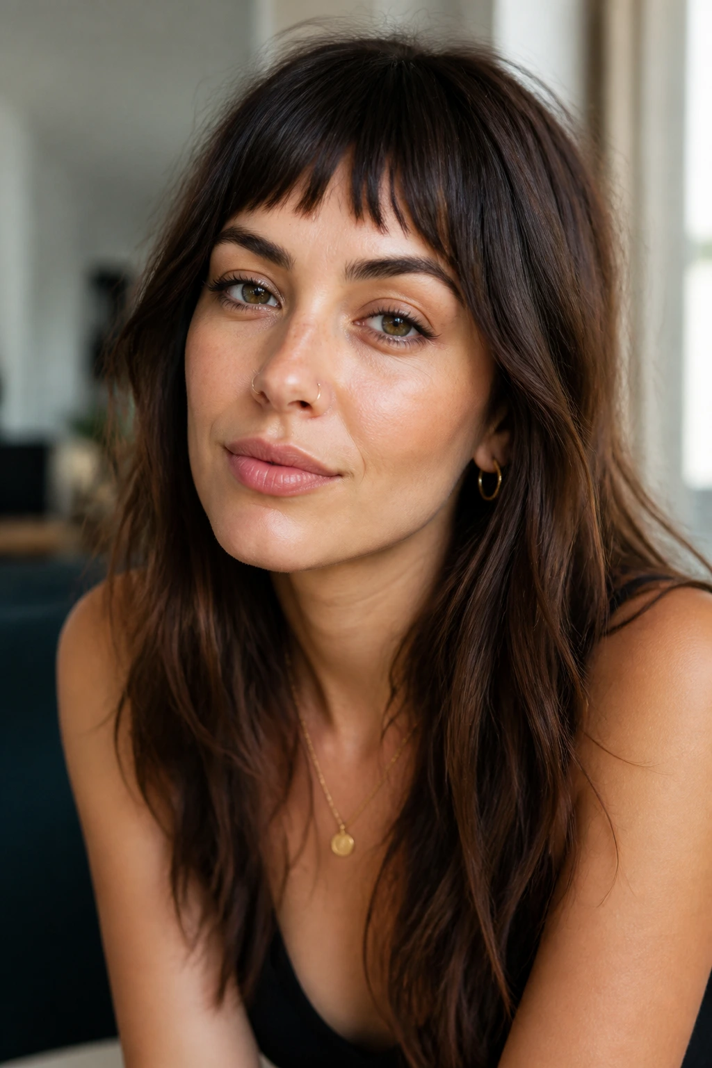 Portrait of a woman with a textured choppy fringe in natural window light