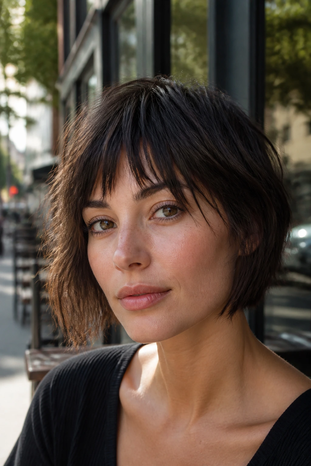 Real woman with short, choppy textured fringe in urban daylight