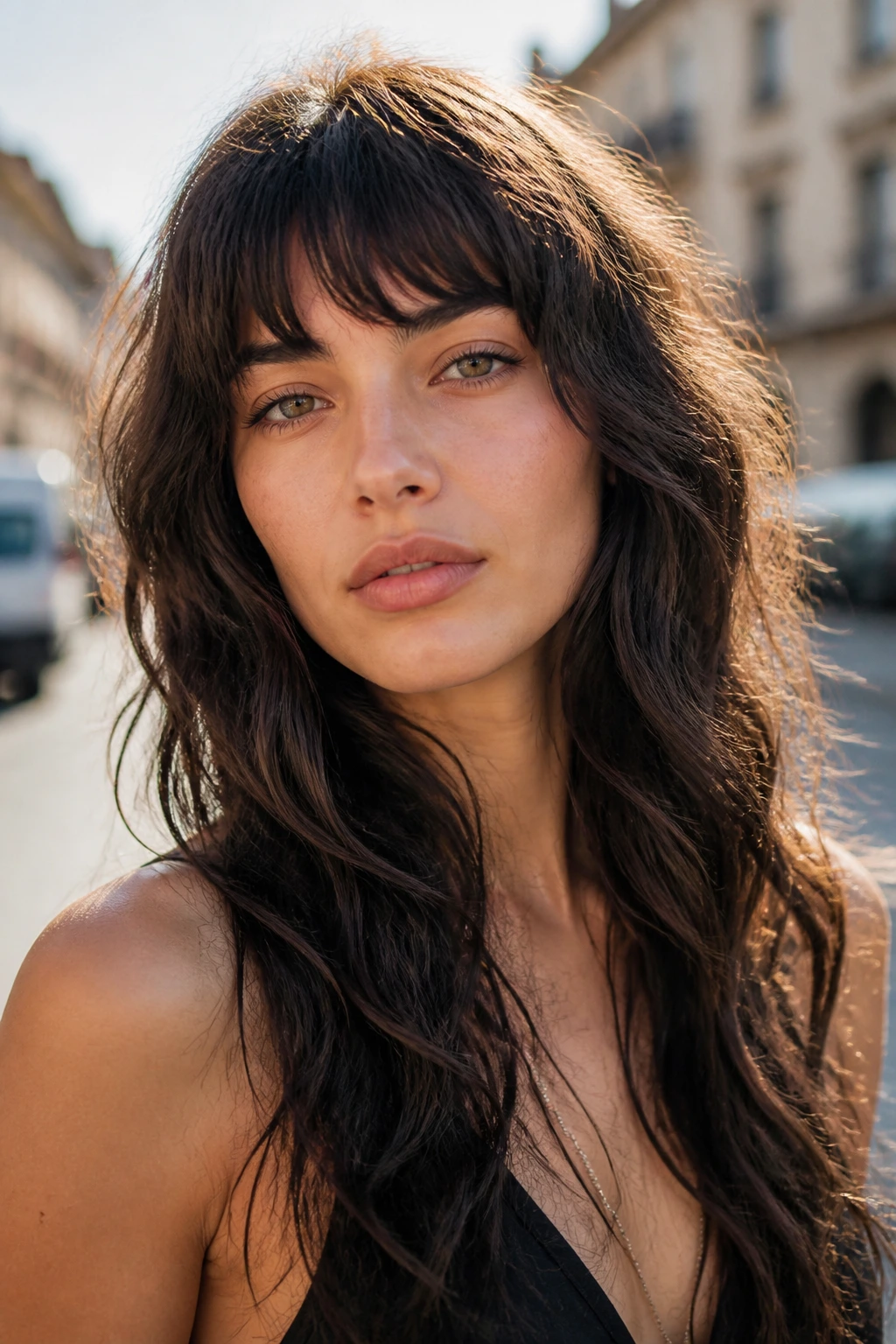 Close-up of a woman with a choppy fringe and S-curve layers in her waves.