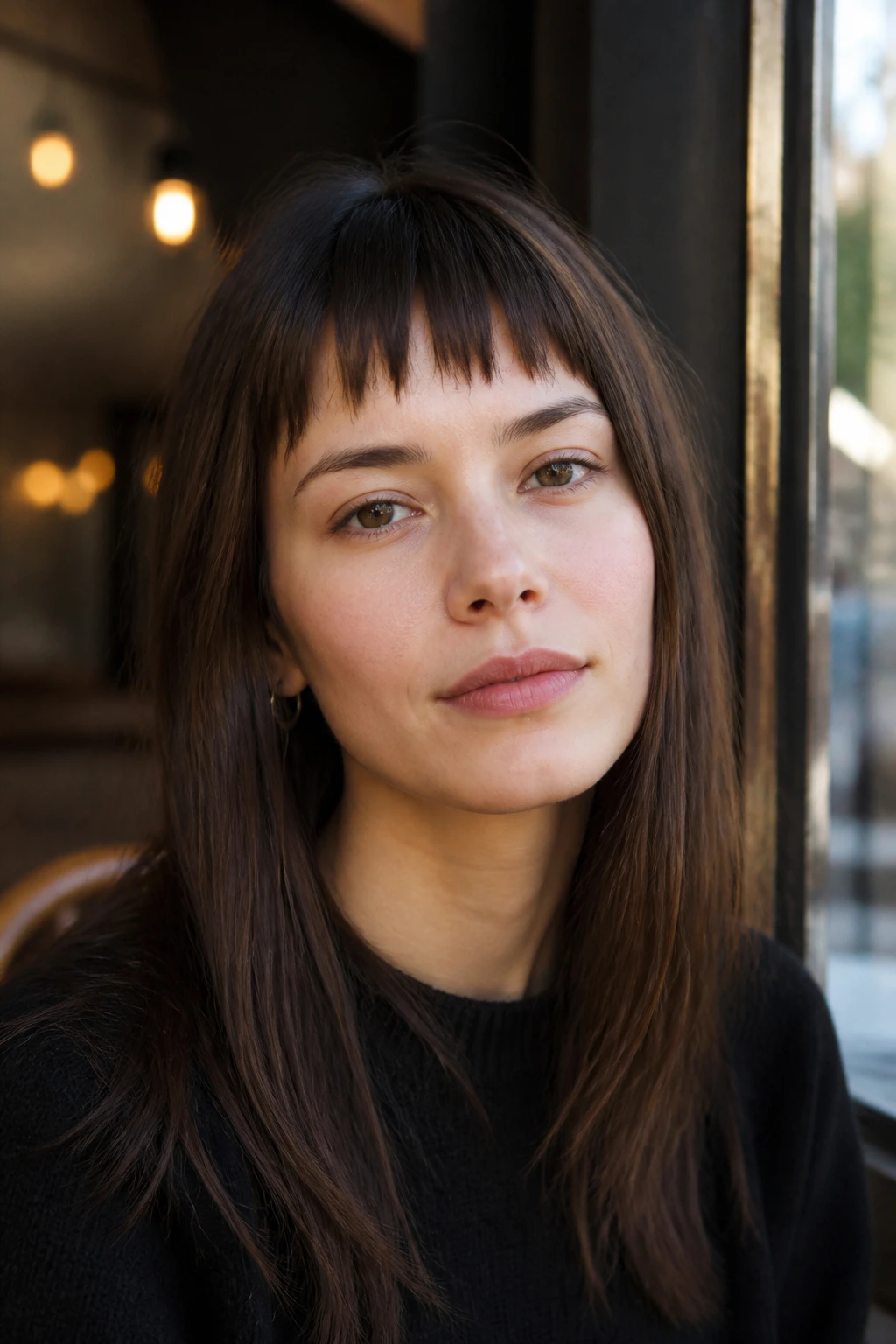 Close-up of a real woman with a choppy fringe and straight hair, in cafe window light