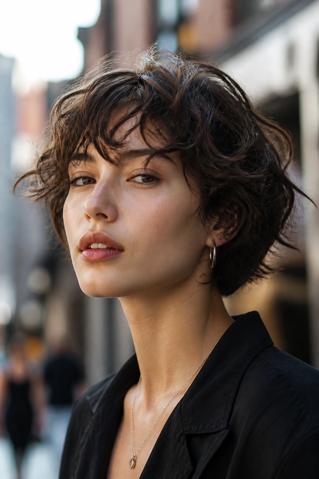 Close-up of a real woman with choppy, uneven waves in a short bob
