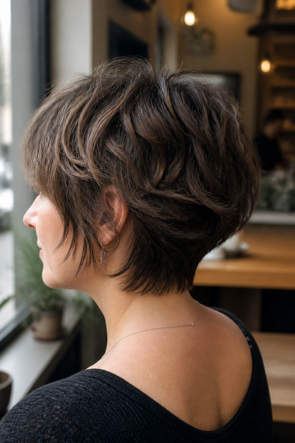 Portrait of a real woman with a choppy graduated shag showing back layers