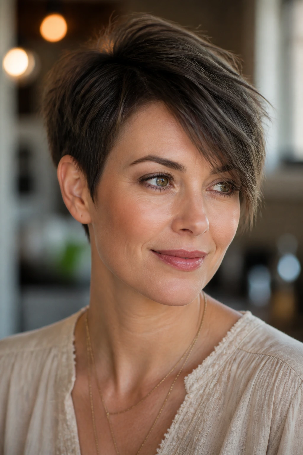Close-up showing choppy shape on a round face with crown height and diagonal part.