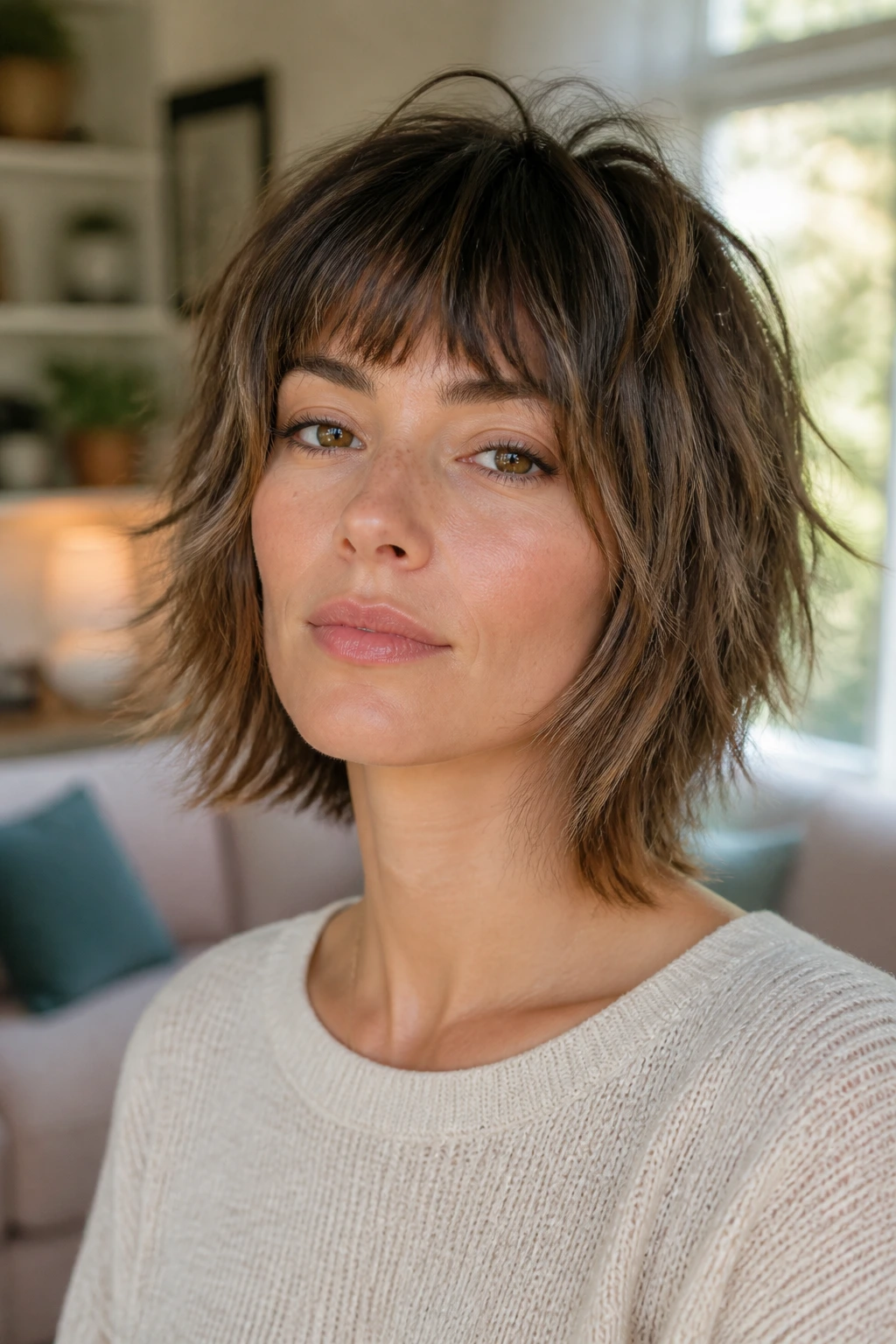 Close-up of a real woman with a choppy haircut showing textured ends.