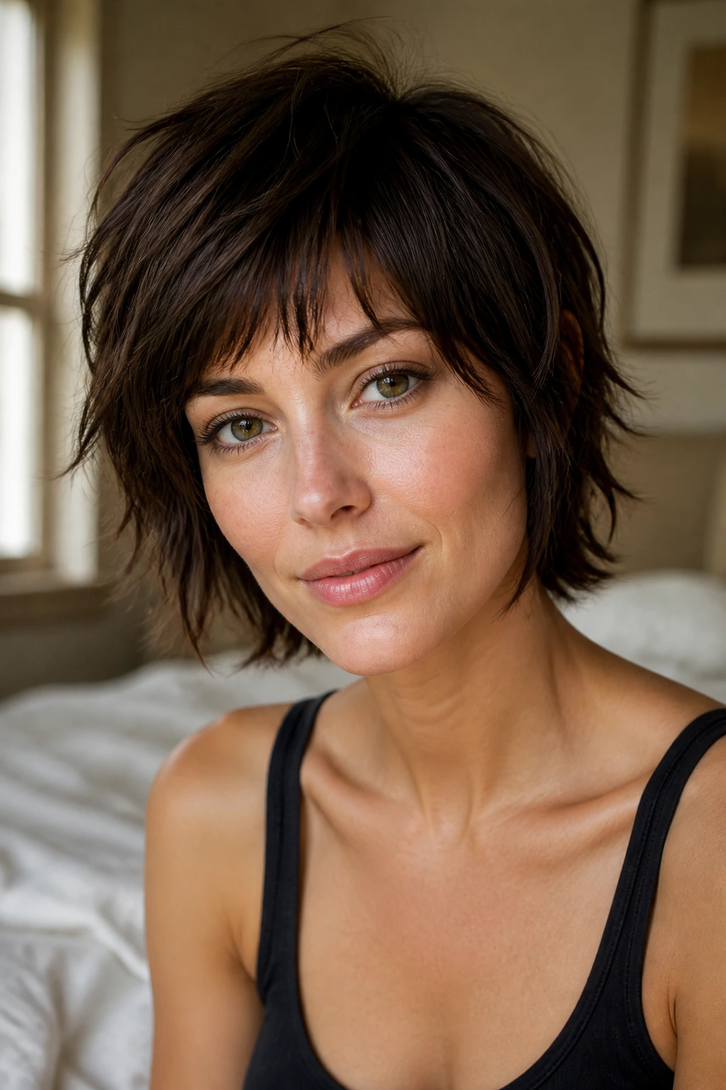 Close-up of a real woman with a soft textured choppy haircut in warm window light