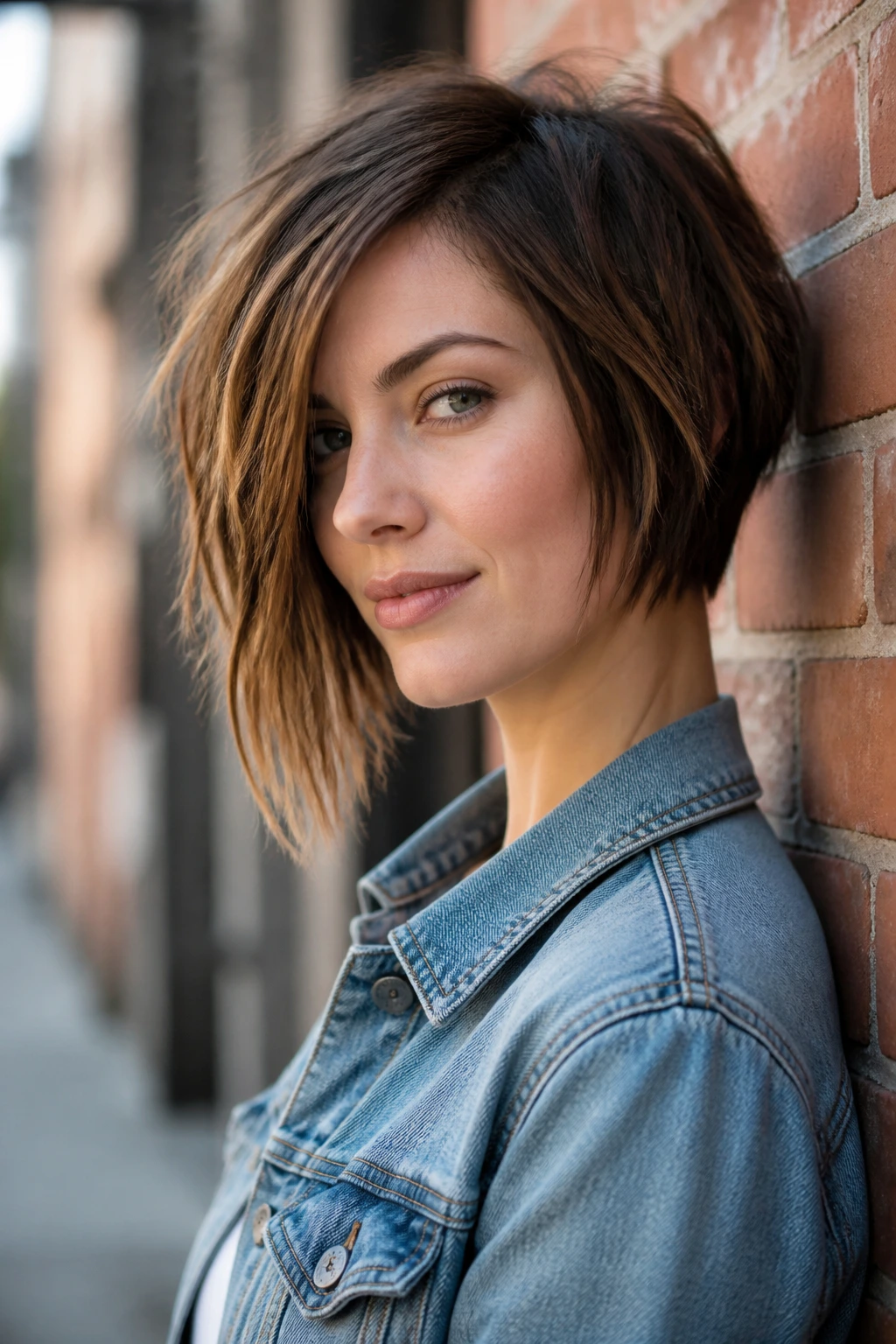 Close-up portrait of a real woman with a choppy inverted asymmetrical bob by a brick wall.