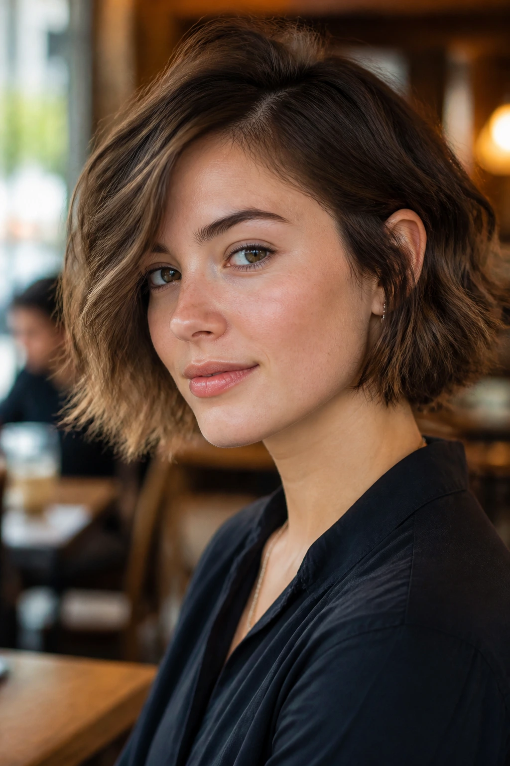 Close-up of a real person with a choppy jaw-length crop and textured ends