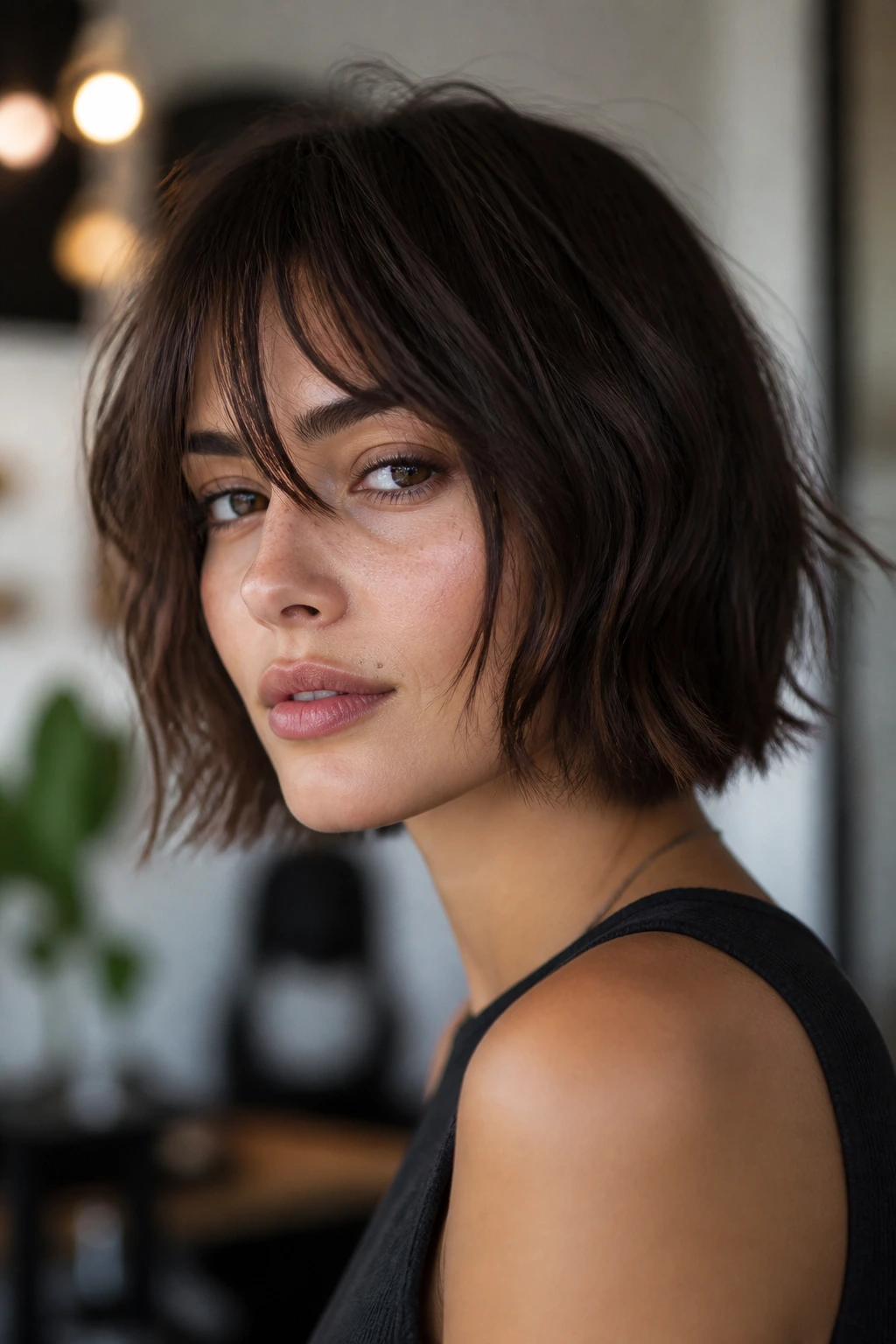 Close-up of a choppy jaw-length bob on a real person