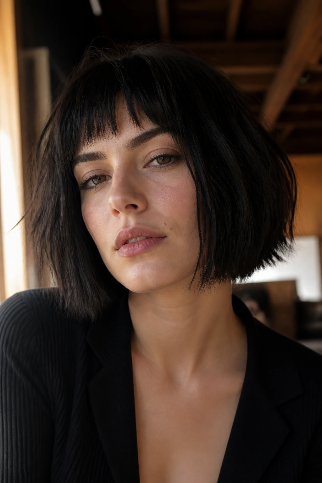 Close-up portrait of a real woman with a choppy jaw-length bob and choppy bangs
