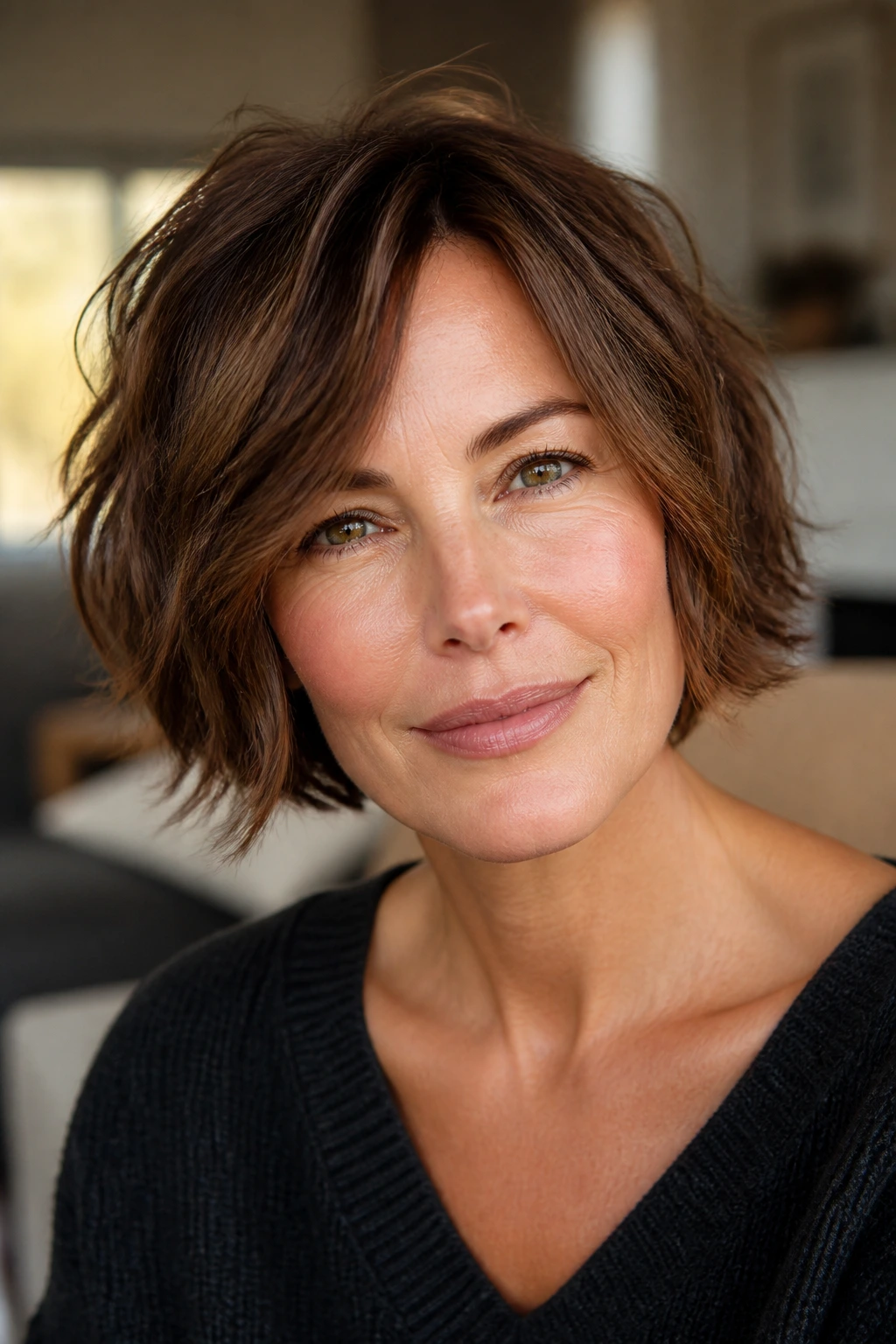 Close-up portrait of a real woman with a choppy jaw-length cut showing textured ends.