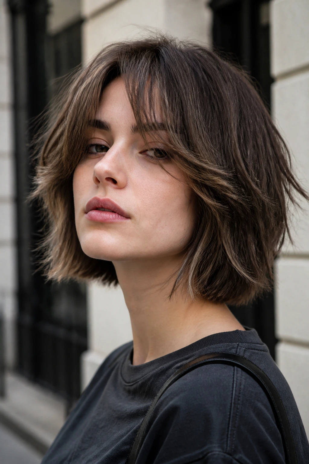 Close-up portrait of a real person with choppy jaw-length wolf cut and long curtain bangs