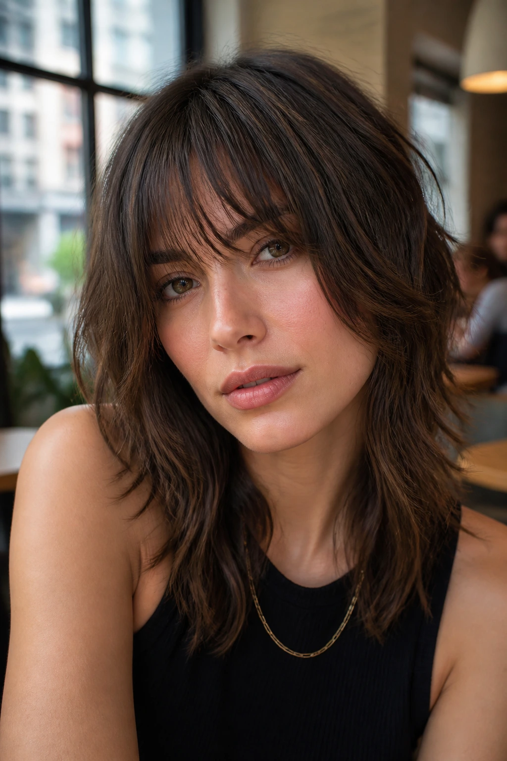 Close-up of a real woman with bottleneck bangs and choppy layers in a shag hairstyle.