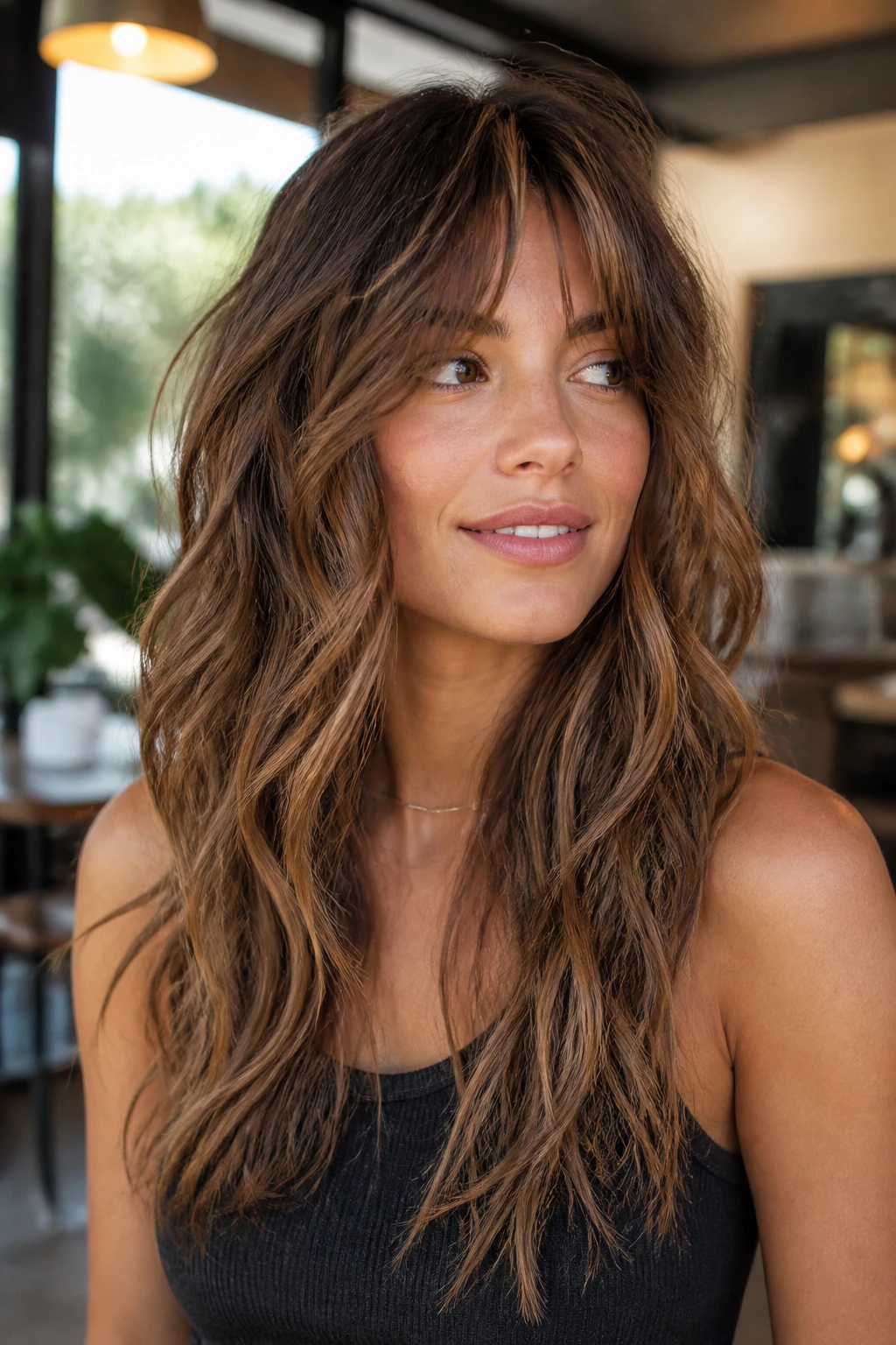Portrait of a woman with choppy layered waves in natural daylight at a cafe