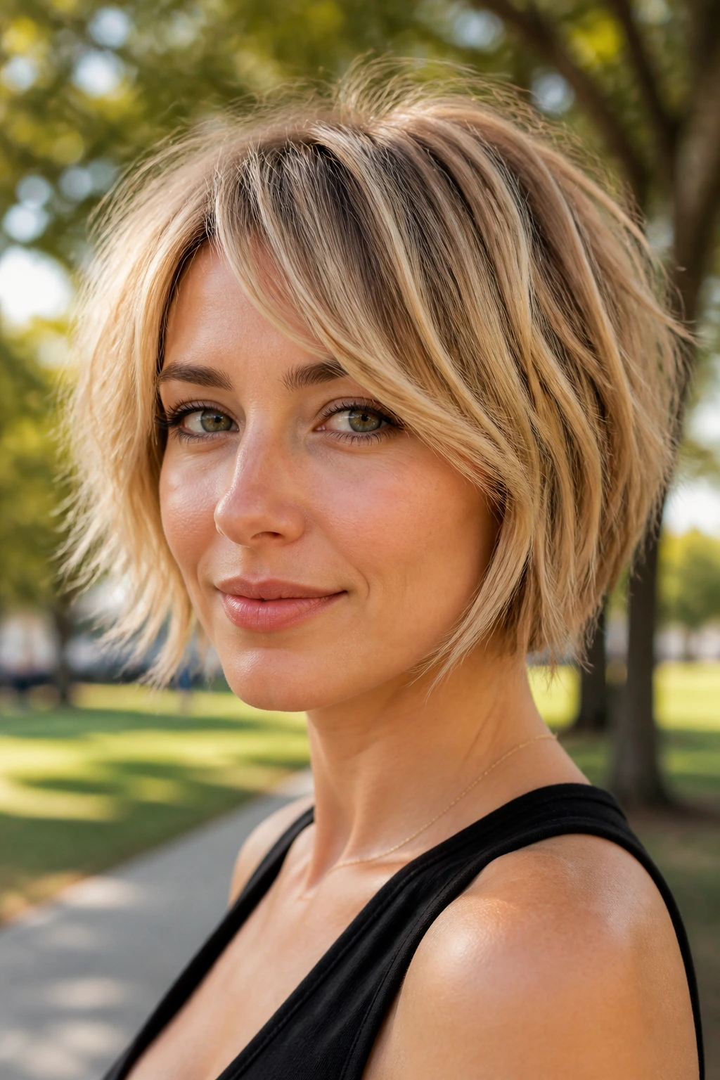Real woman with choppy layered bob for fine hair.