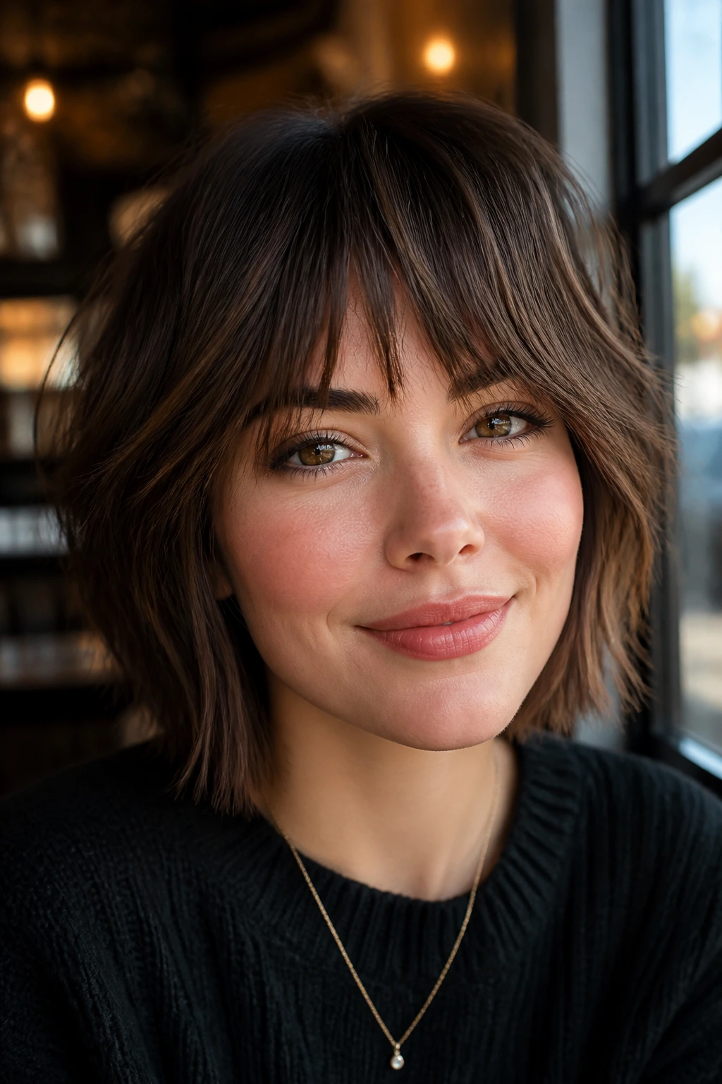 Close-up of a real woman with choppy layered fringe
