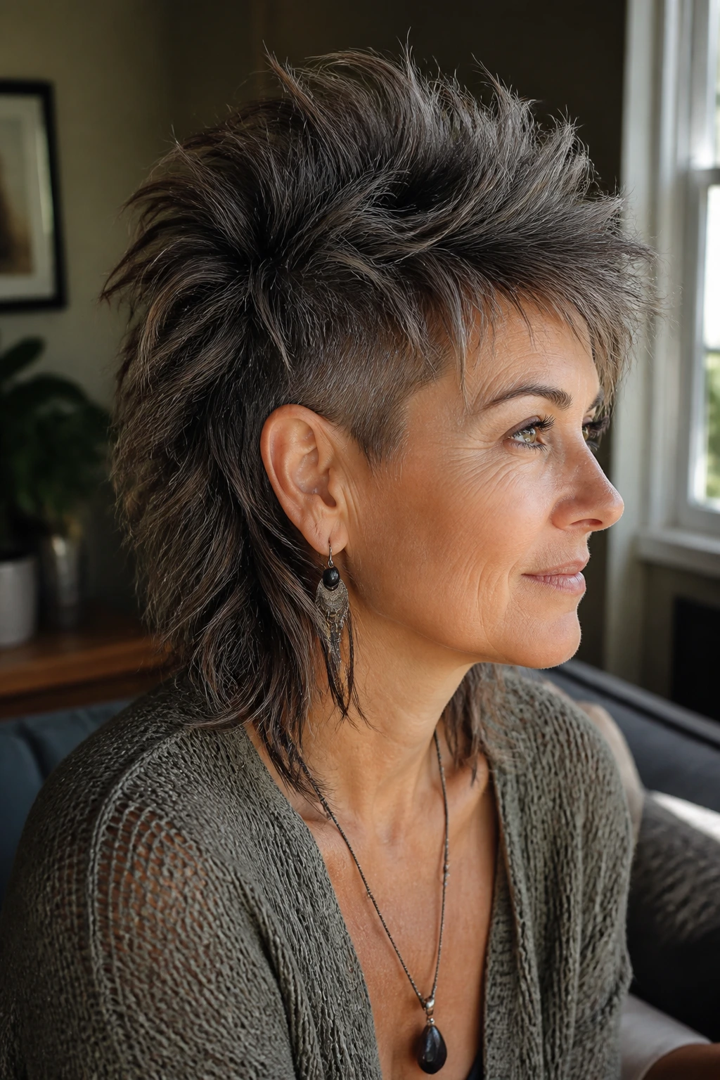 Close-up portrait of a real woman with a choppy layered hawk on shoulder-length hair in natural window light