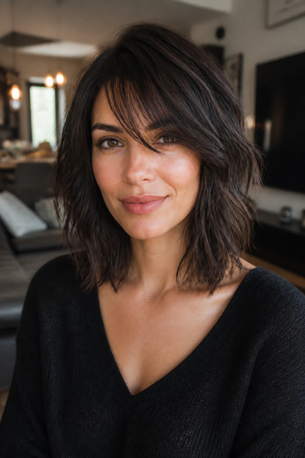 Close-up portrait of a person with a choppy layered lob and piecey side bangs in a casual home setting