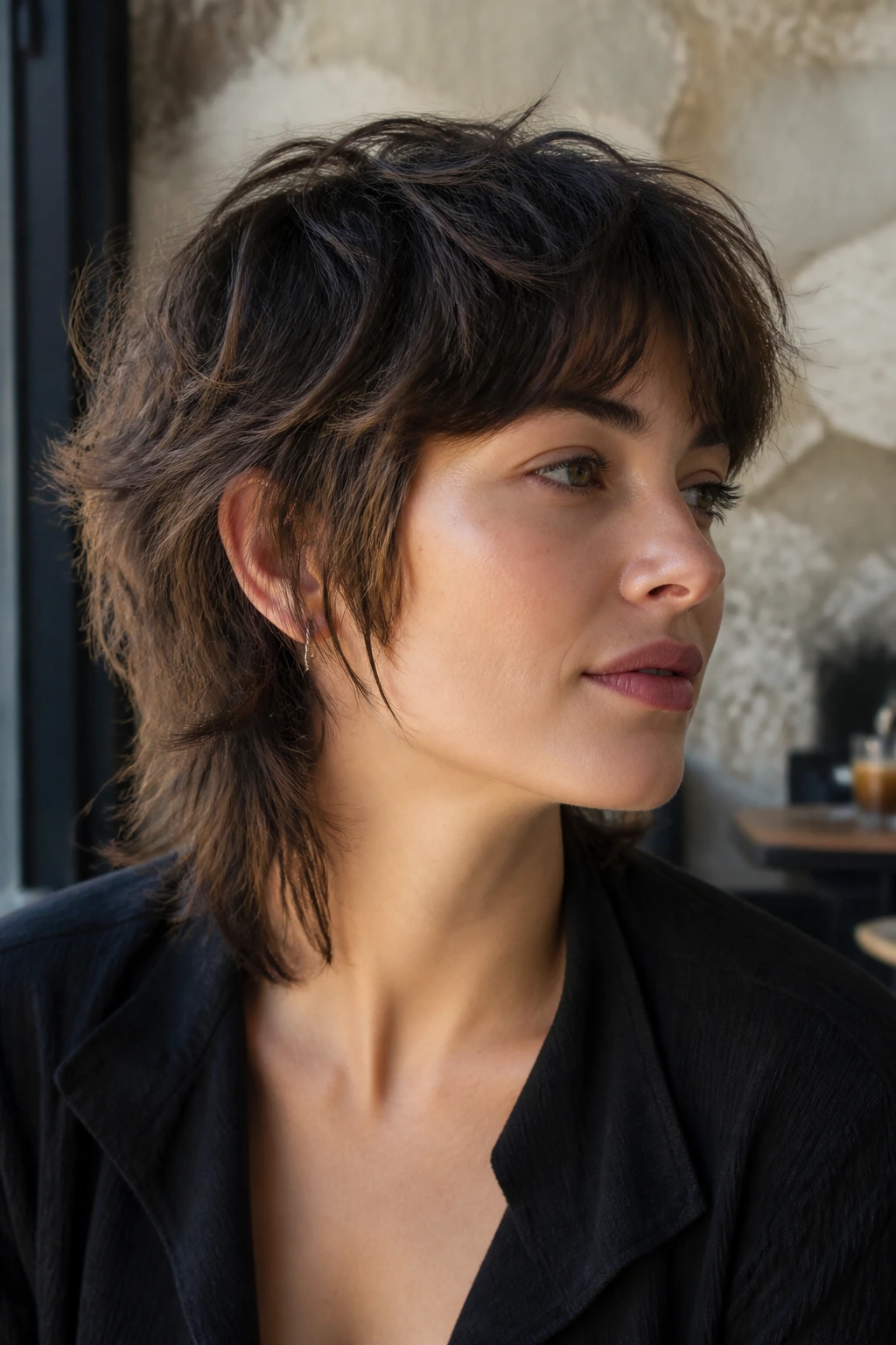 Close-up portrait of a real person with choppy layered mullet showing textured crown and back layers.