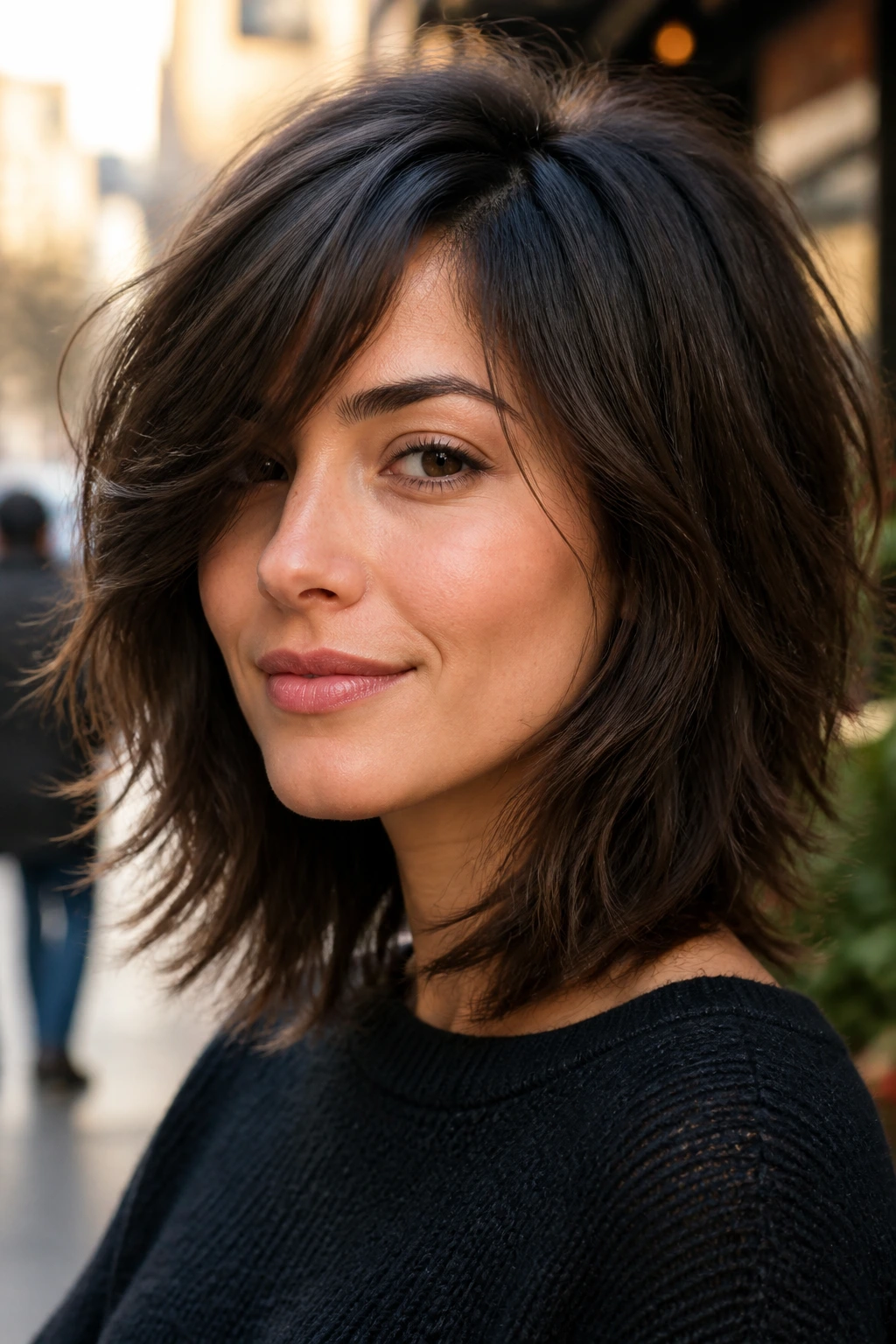 Close-up portrait of a real woman with choppy layered shag and side part