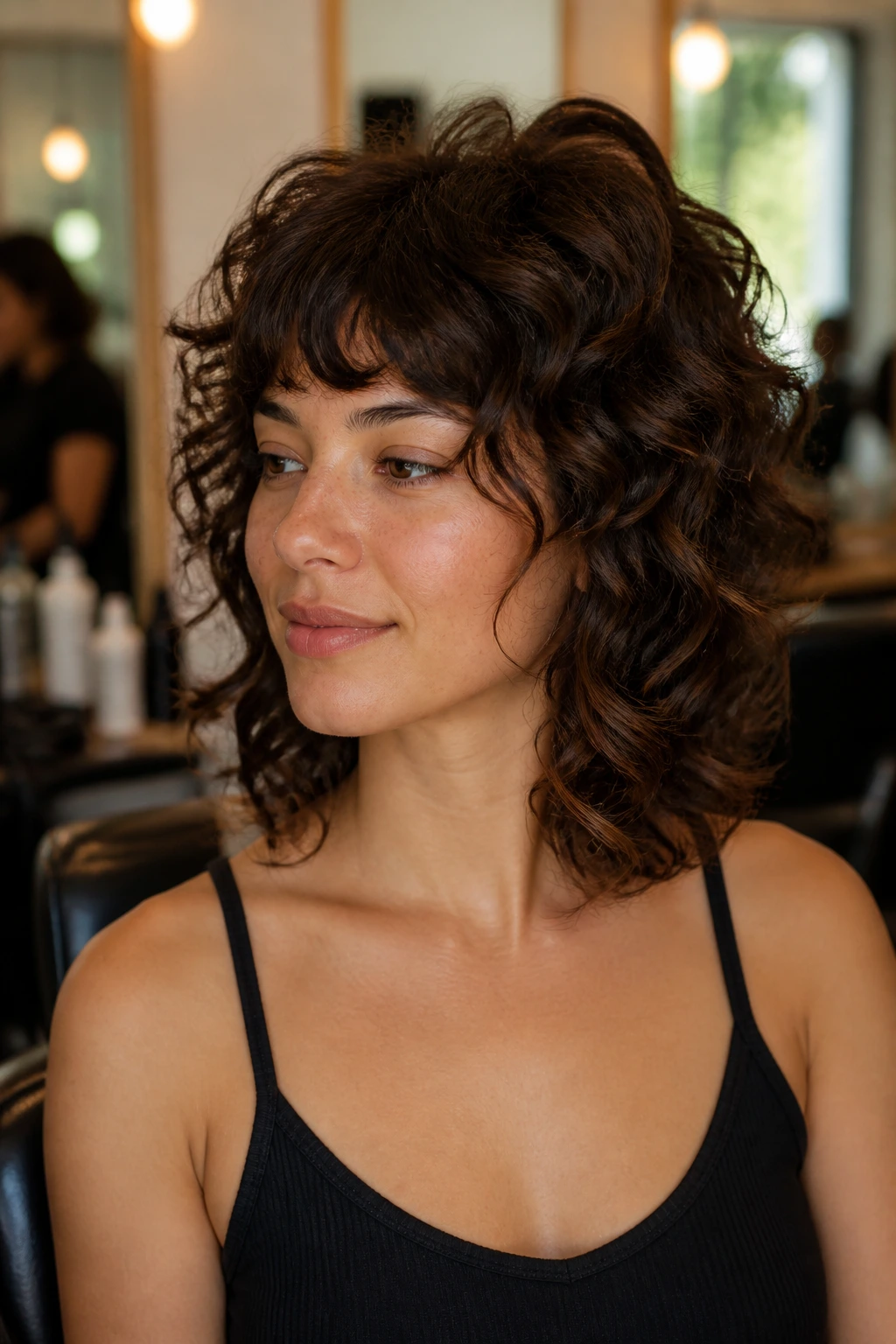 Portrait of a woman in a salon chair with choppy layers, prepared to avoid triangle silhouette