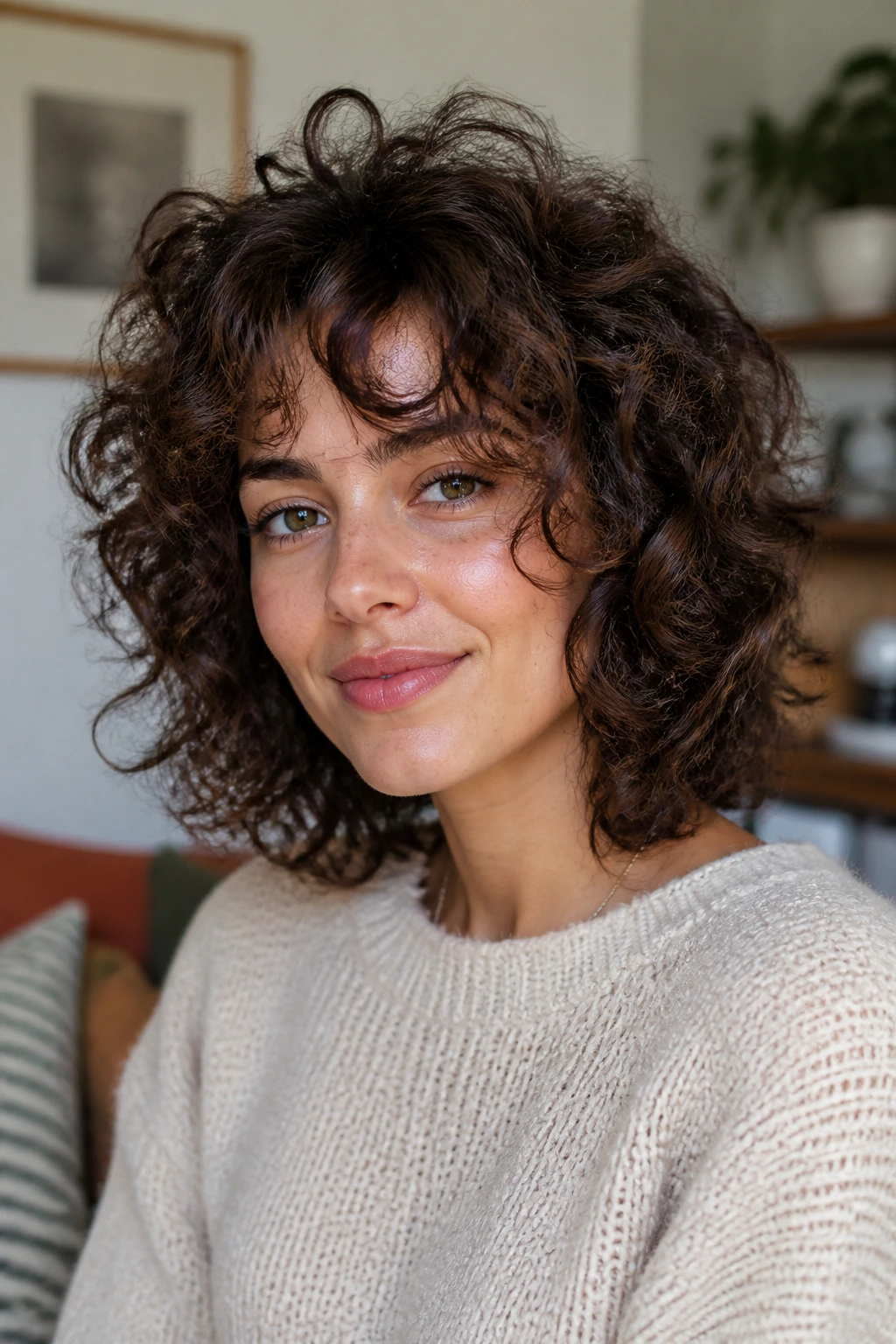Close-up portrait of a woman with curly hair showing choppy layers around the crown