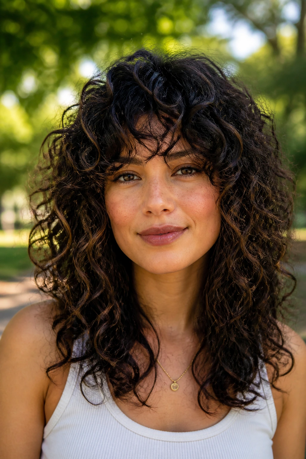 Close-up of a real woman with curly thick hair and choppy layers.