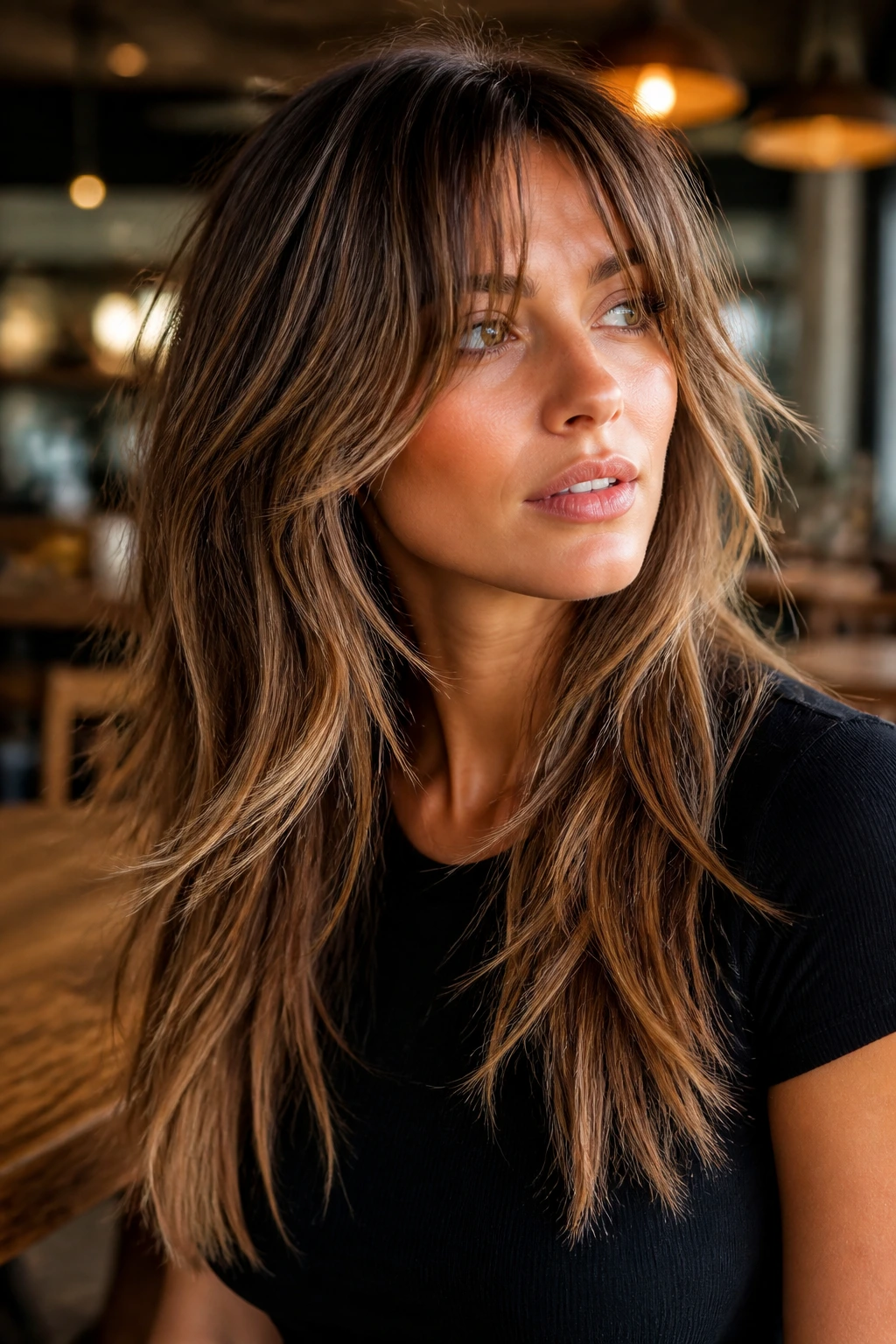 Portrait of a real woman with choppy layers and piece-y ends on long hair