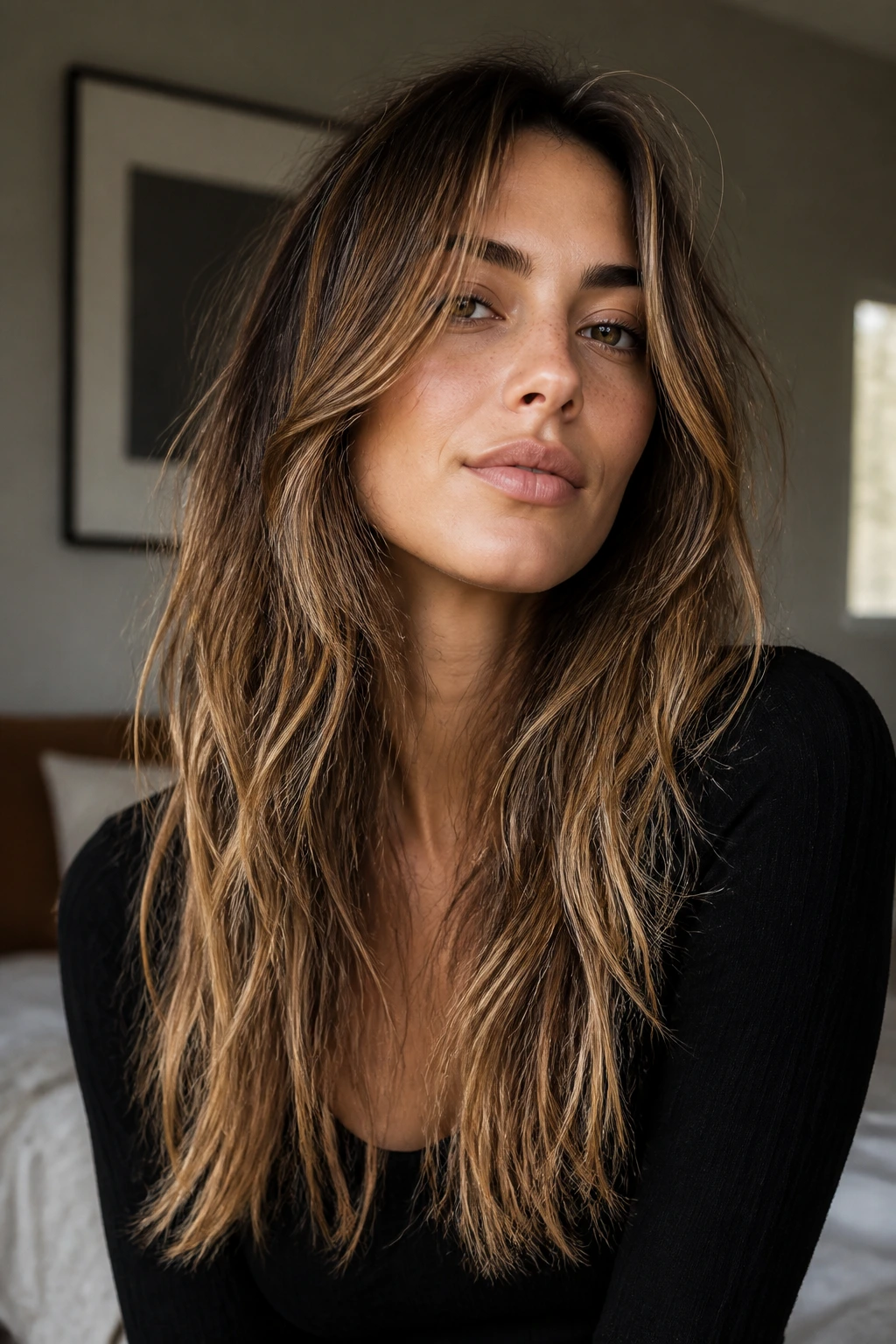 Close-up portrait of a real woman with choppy textured long layers in natural window light