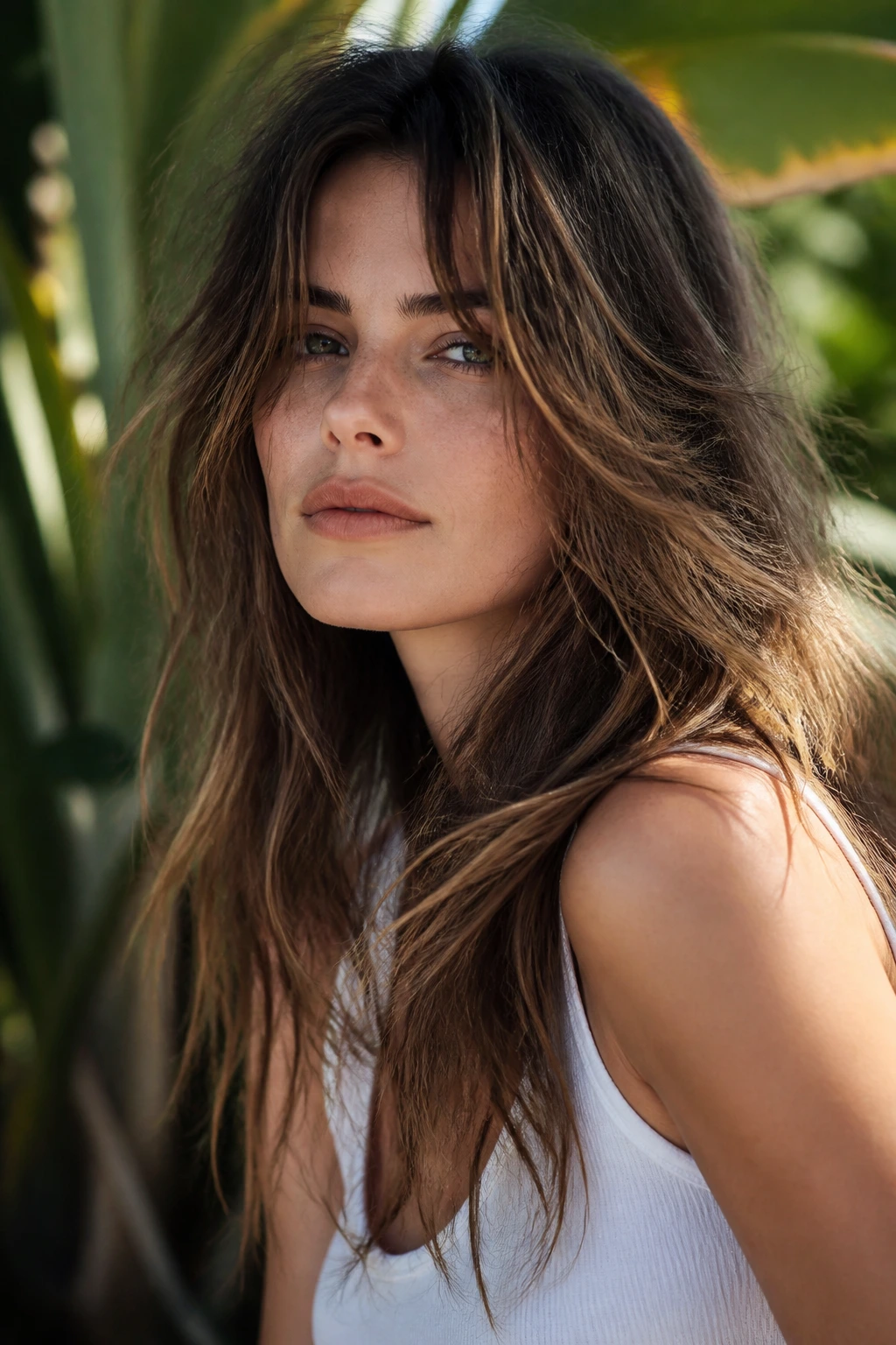 Close-up of a real woman with choppy long layers creating a textured, slightly edgy look