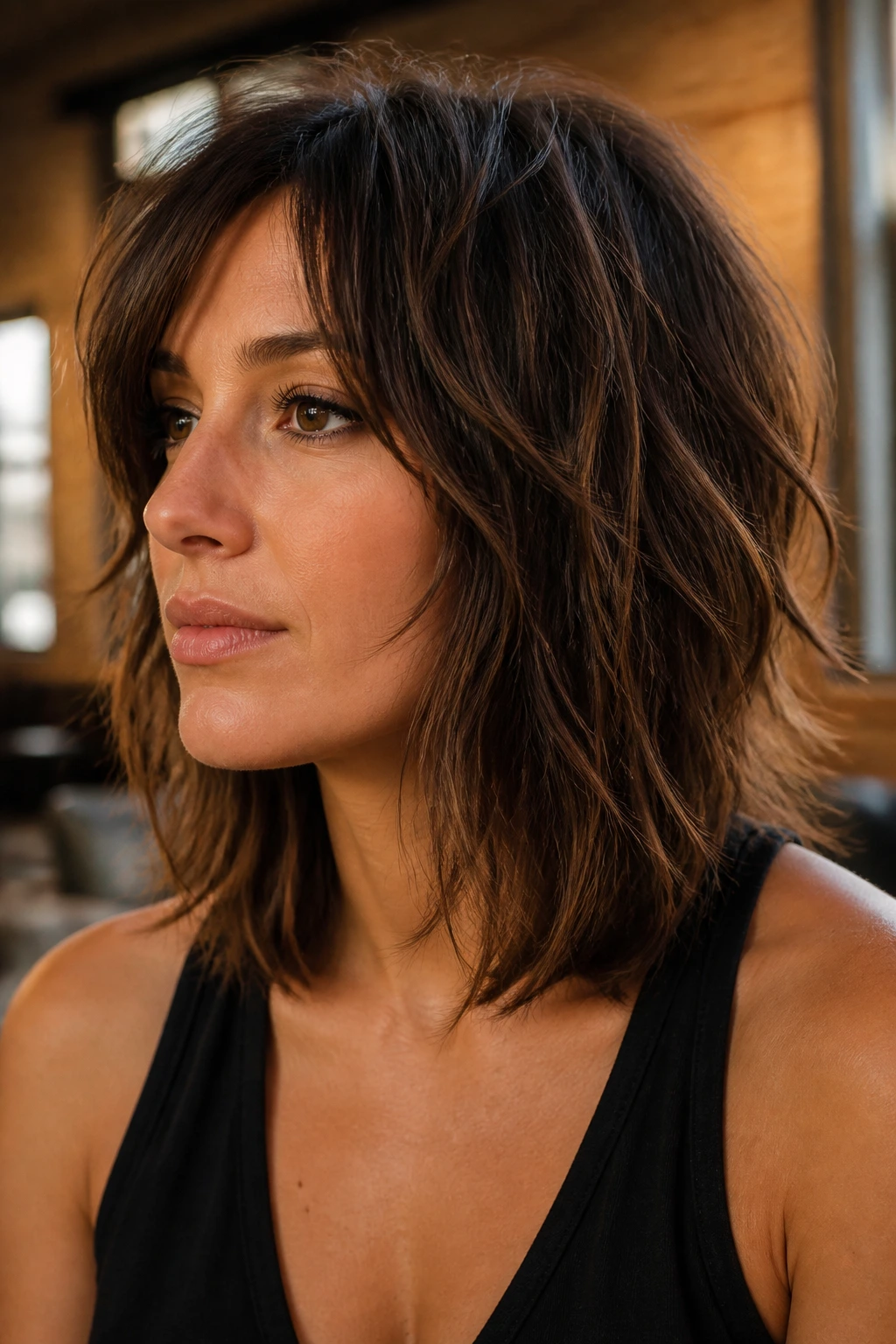 Close-up of a real woman with choppy mid-length layers and textured ends in an urban setting