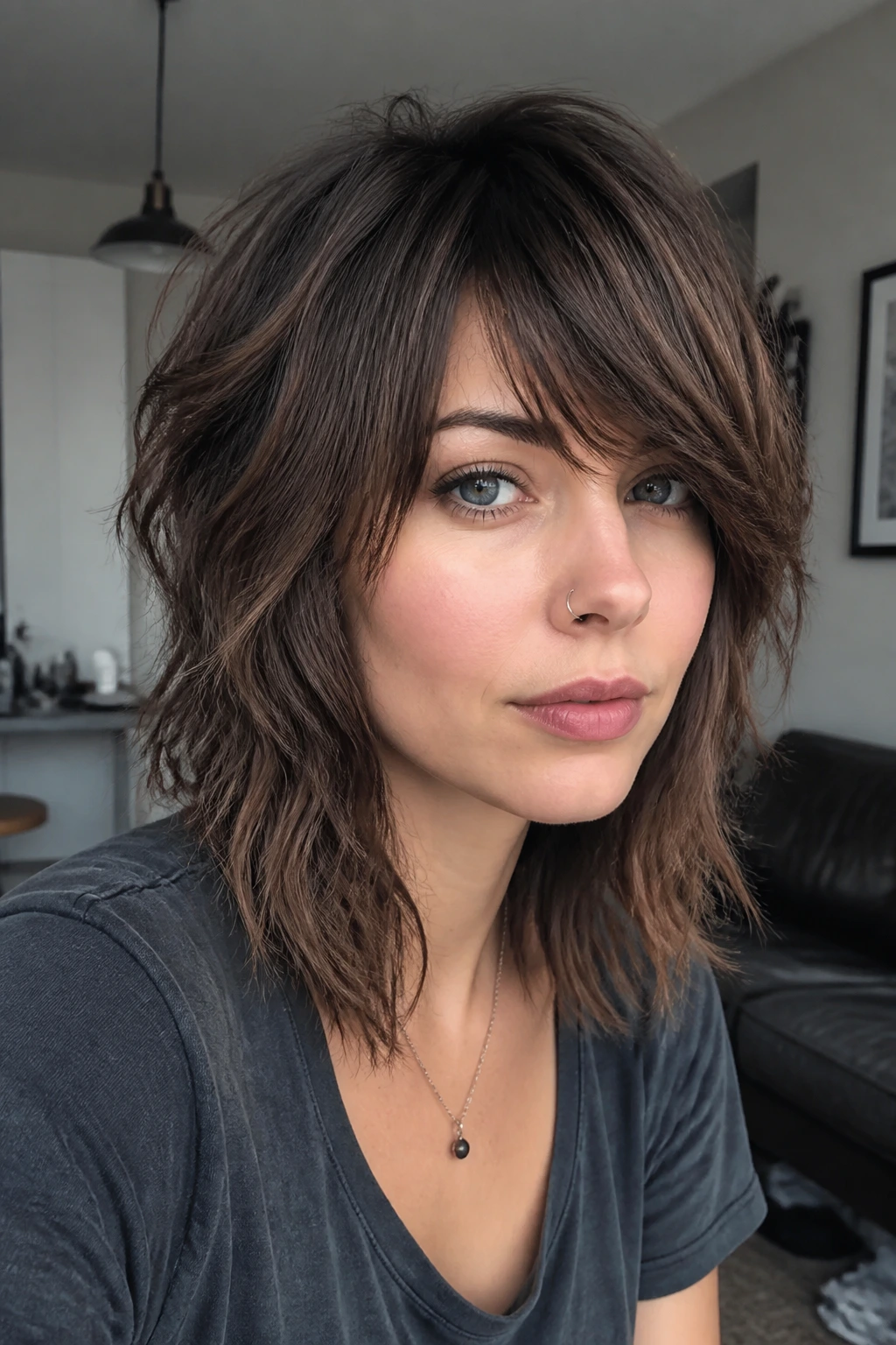Close-up of a real woman with edgy choppy layers and side bangs in a modern apartment.