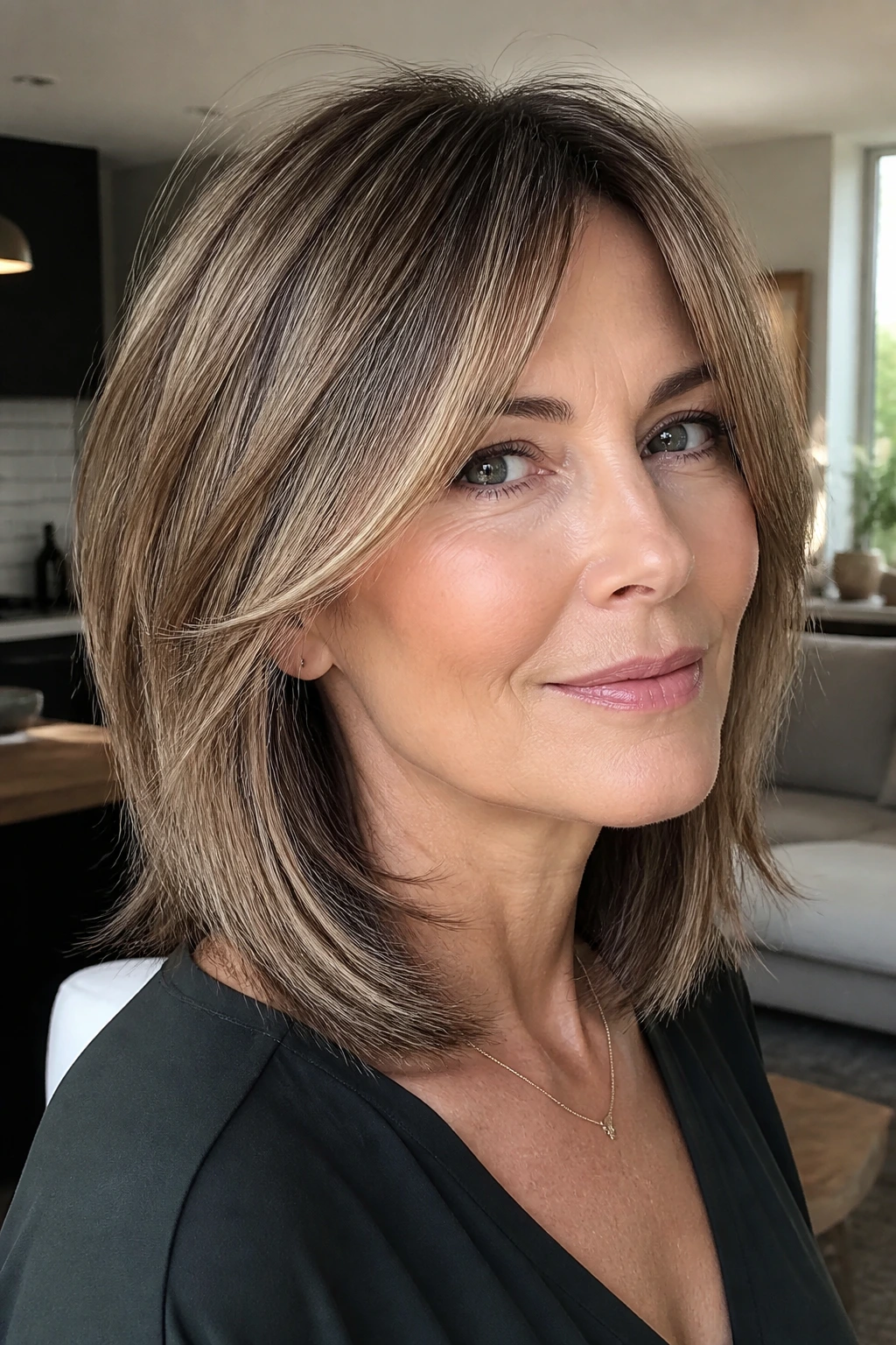 Close-up of a real woman with choppy layers in straight hair.
