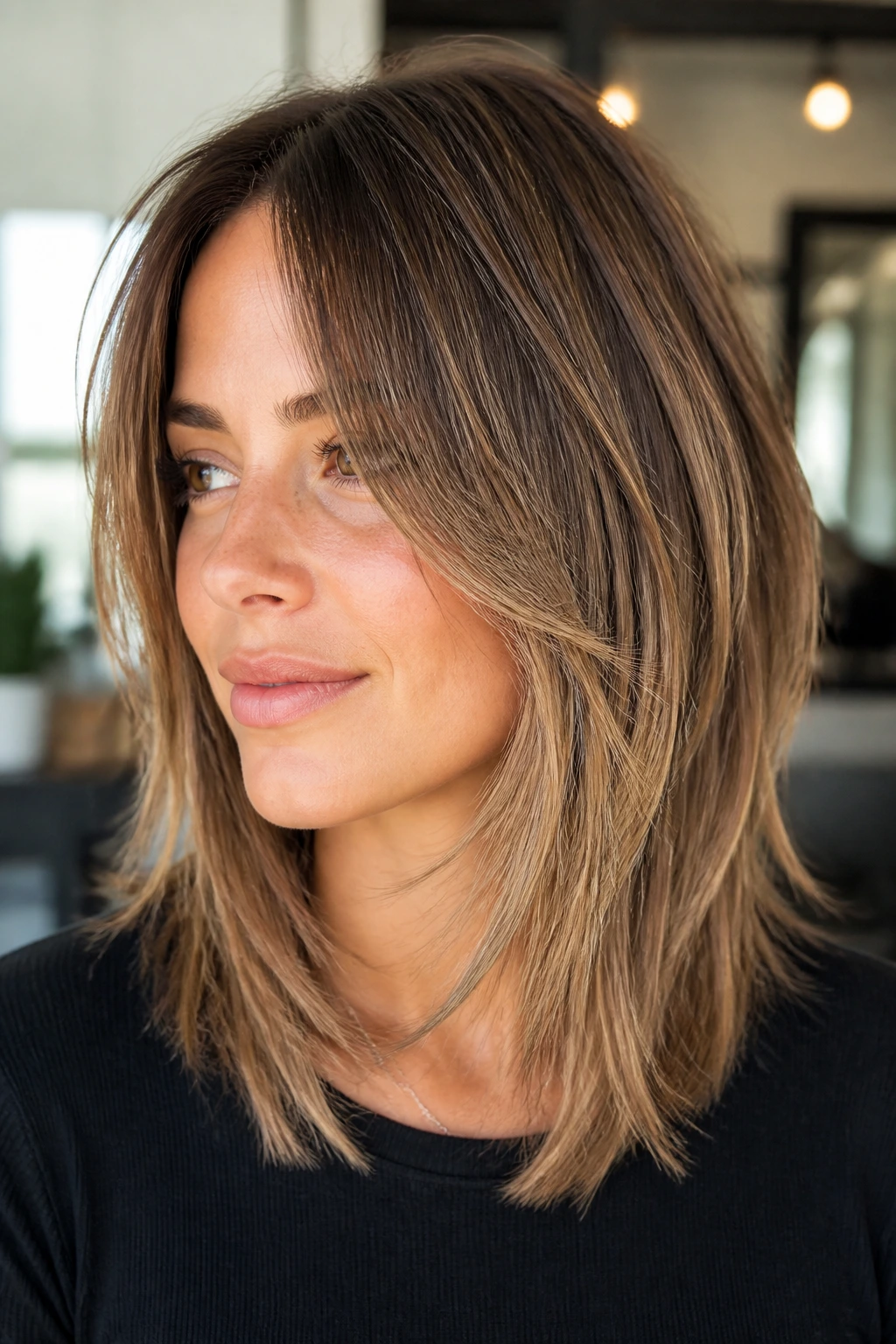 Portrait of a real person with straight hair featuring choppy layers and front texture.