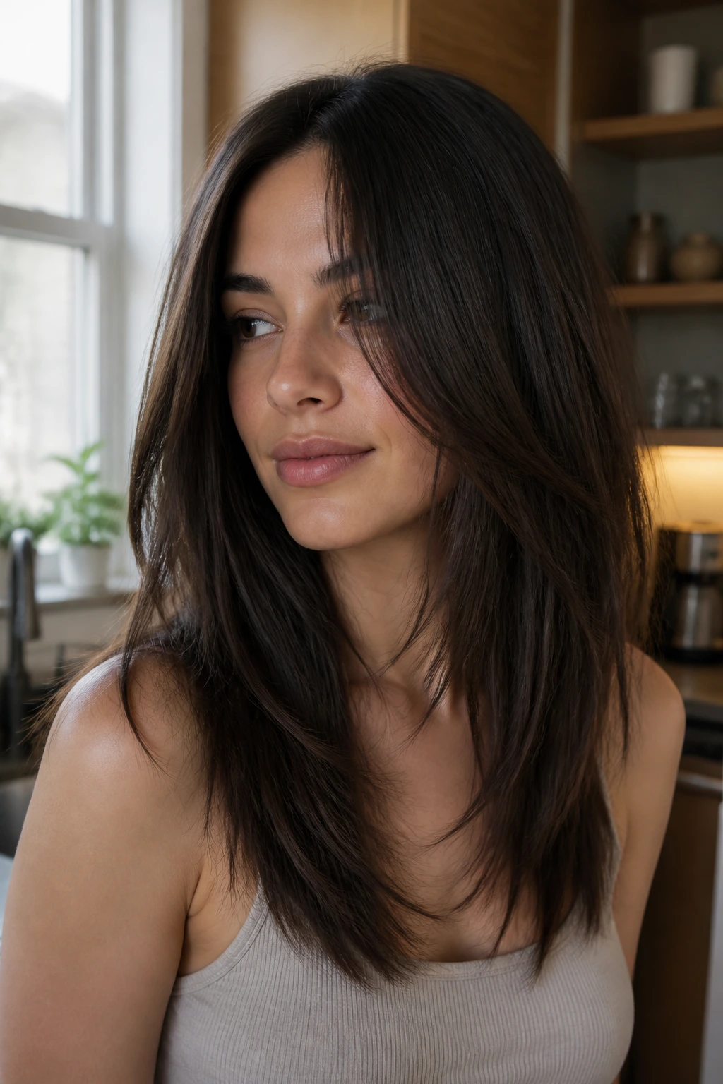 Medium close-up of a real woman with straight thick hair and choppy layers.