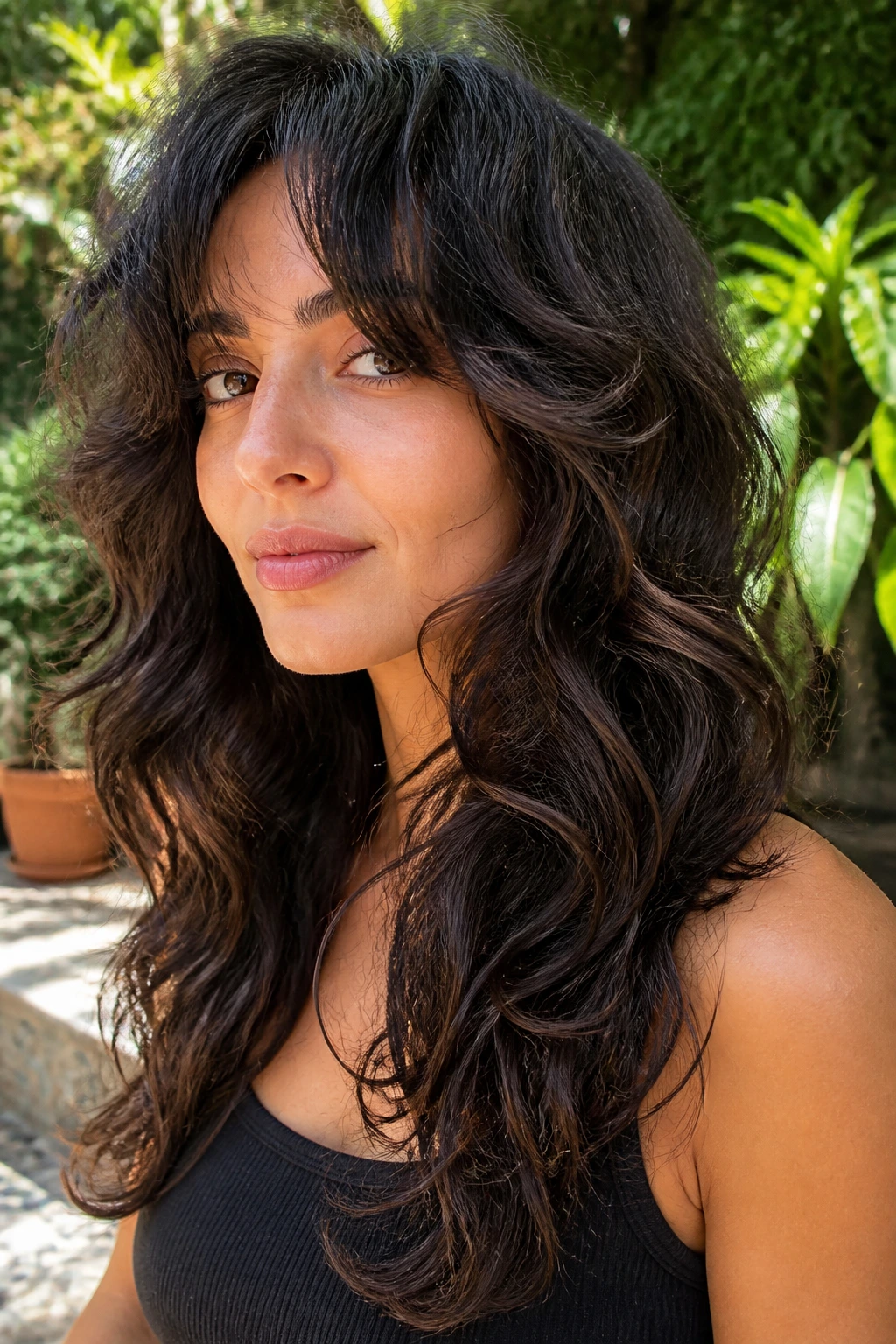 Close-up of a real woman with thick wavy hair and choppy layers.