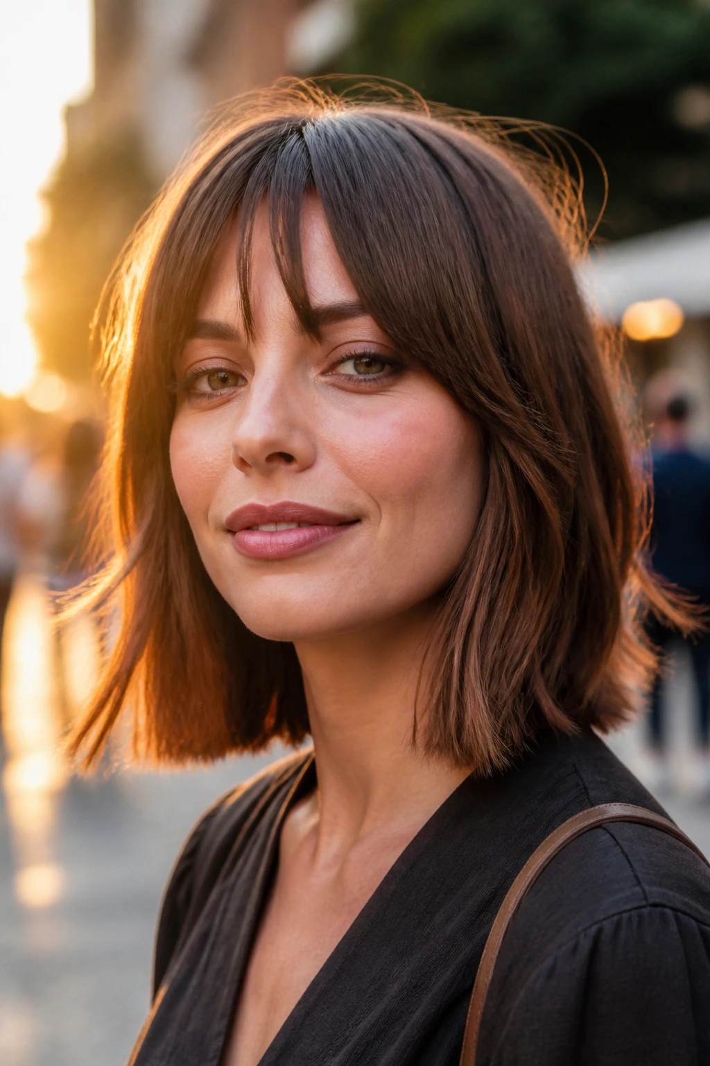 Close-up portrait of a real woman with bottleneck bangs and a choppy lob in golden hour street light.